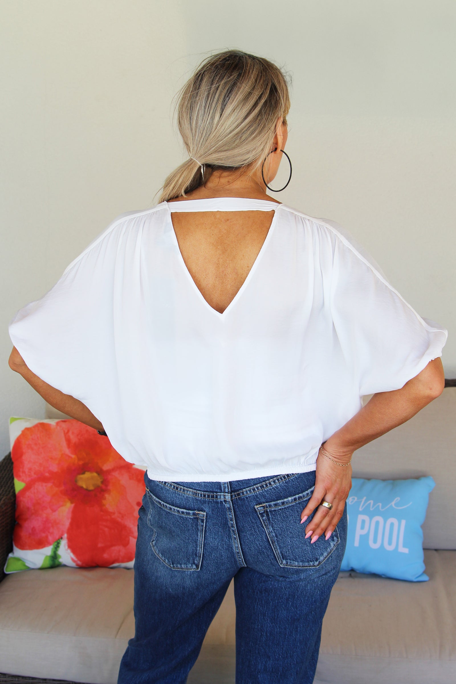 V-Neck Front & Back Cropped Drawstring Top