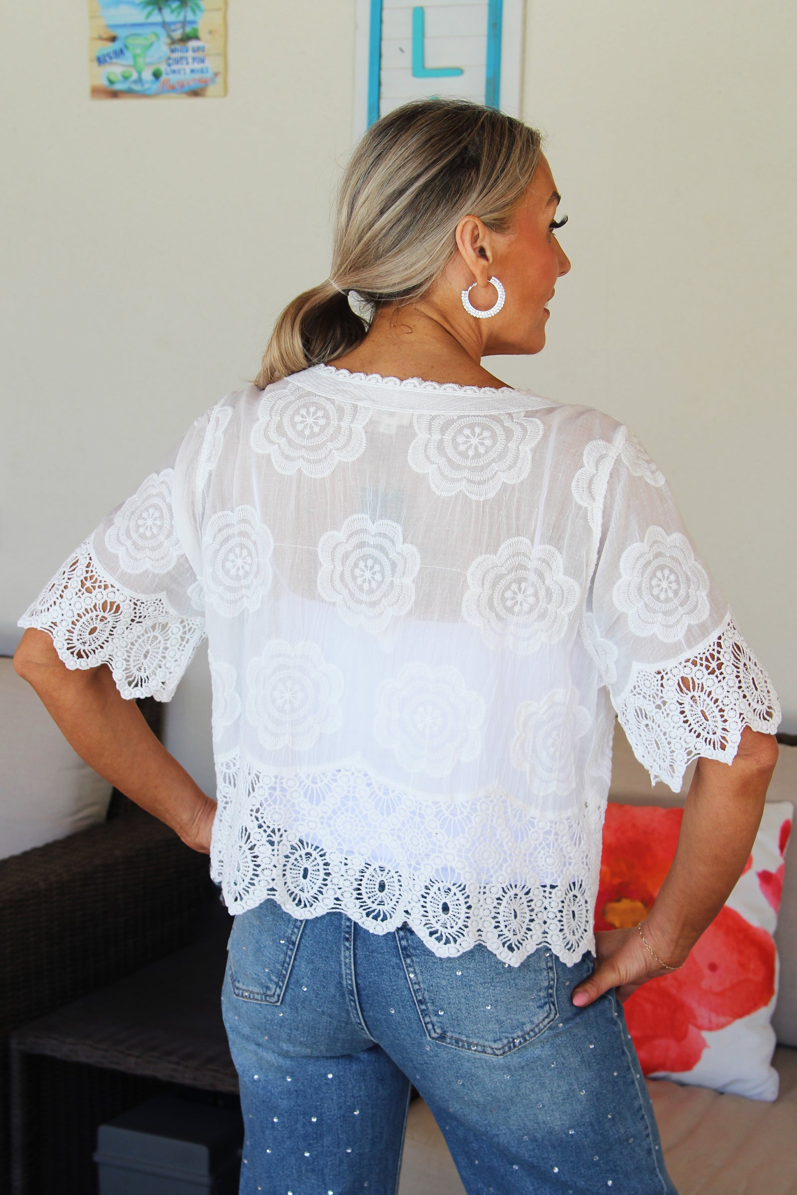 V-Neck Button Down Top w/ Lace & Embroidered Details