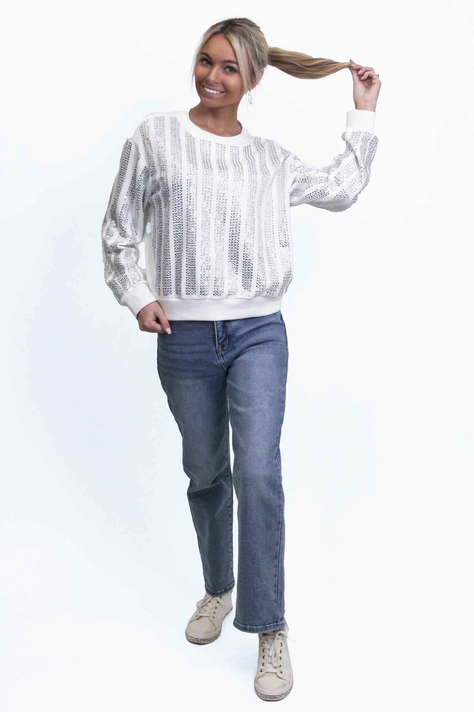 Rhinestone Stripe Round Neck Sweater
