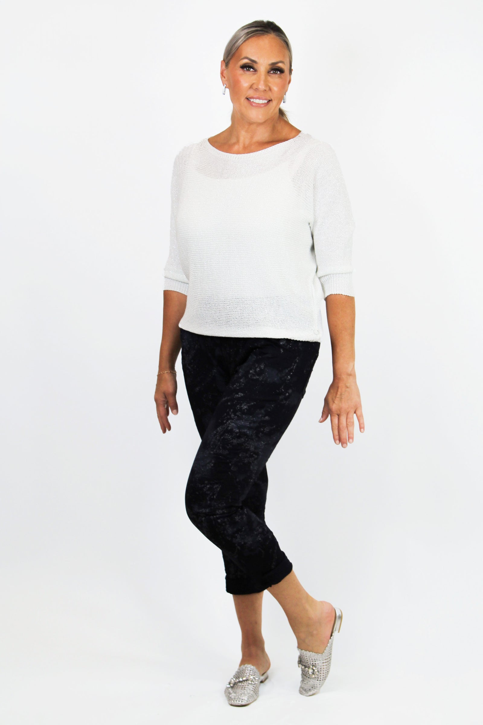 Metallic Knit Sweater w/ Back Bow Detail