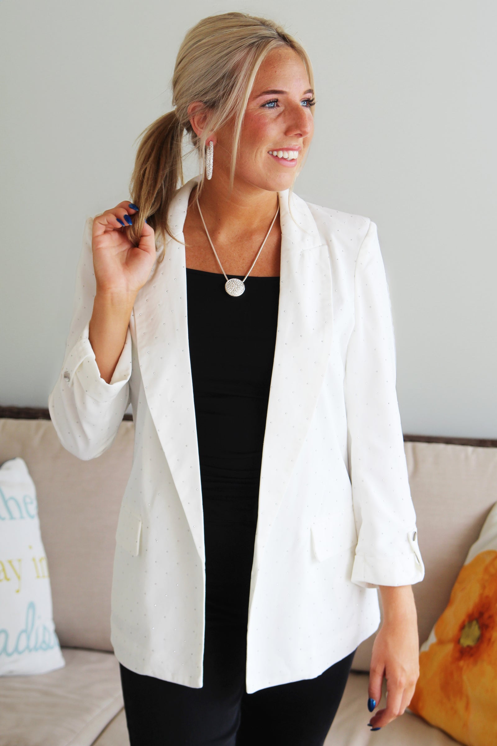 All Over Rhinestone Open Blazer w/ Button Tab Cuffs