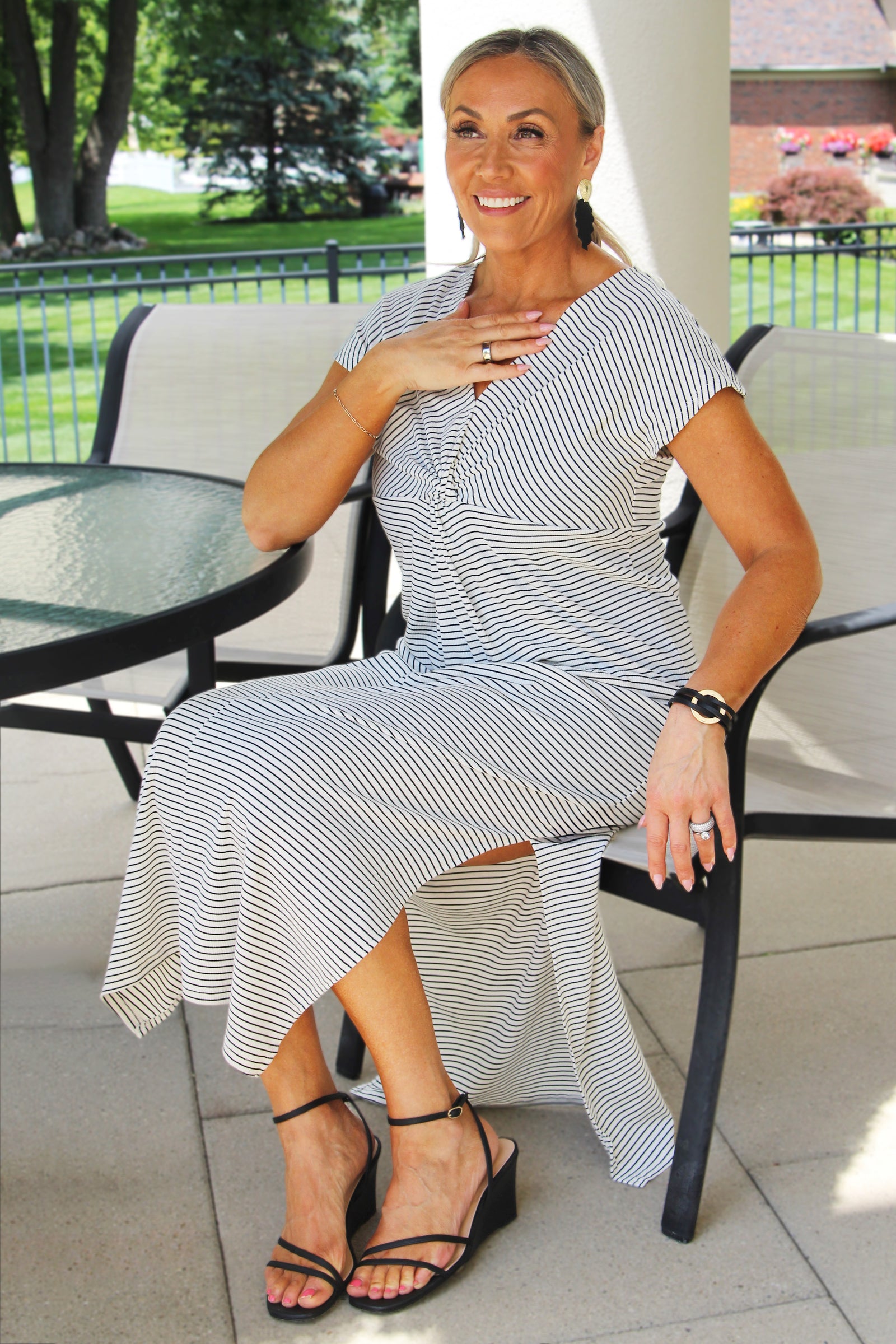 V-Neck Twist Front Striped Knit Maxi Dress w/ Side Slits