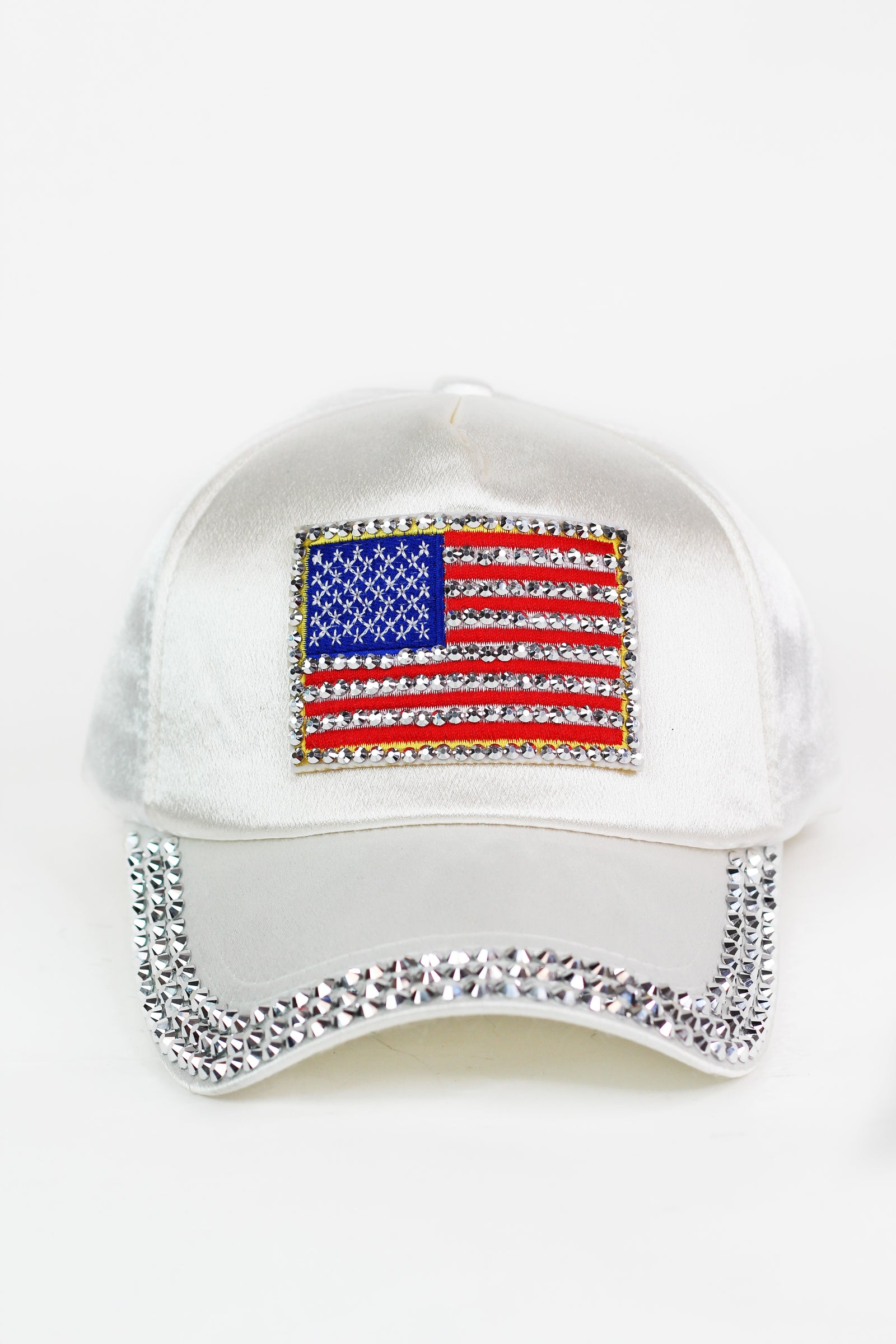 Satin USA Flag Baseball Cap w/ Rhinestone Trim