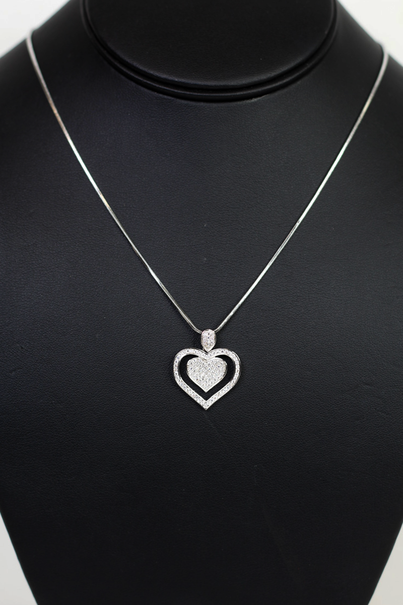 Pave Rhinestone Heart Within An Open Pave Heart Necklace