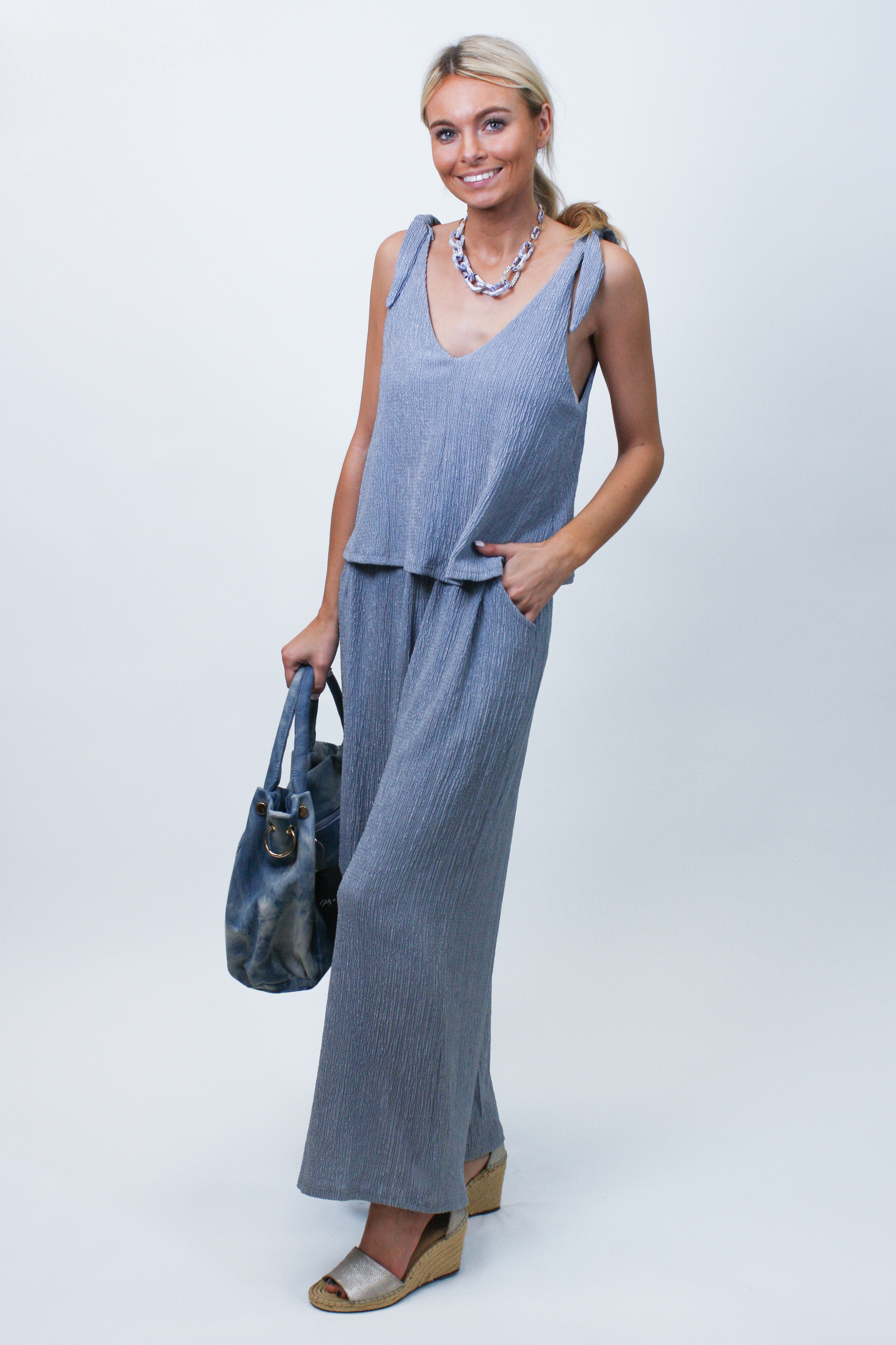 Crinkle Knit V-Neck Sleeveless Jumpsuit w/ Shoulder Ties