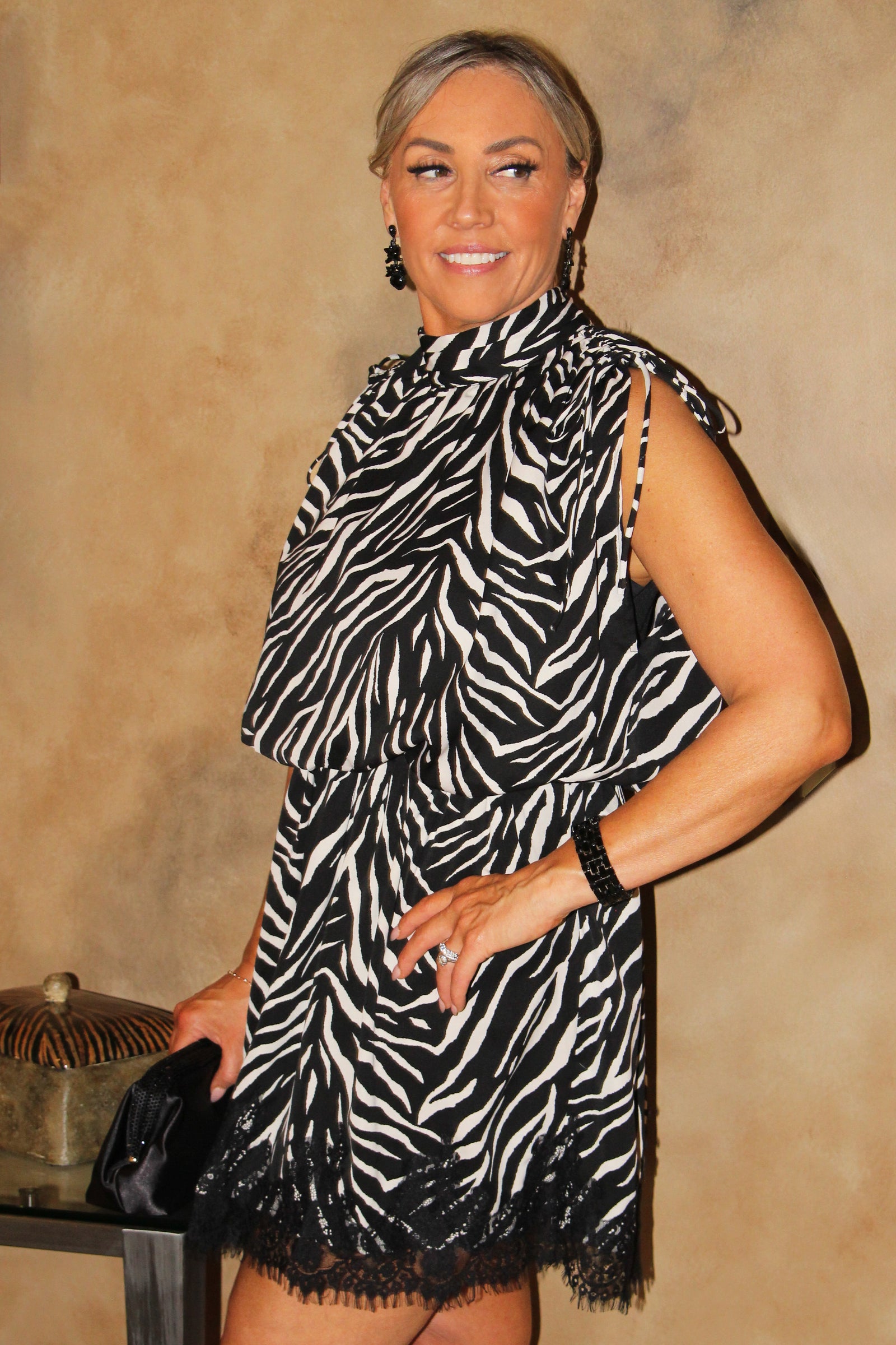 Zebra Dress w/ Drawstring Shoulders & Lace Hem