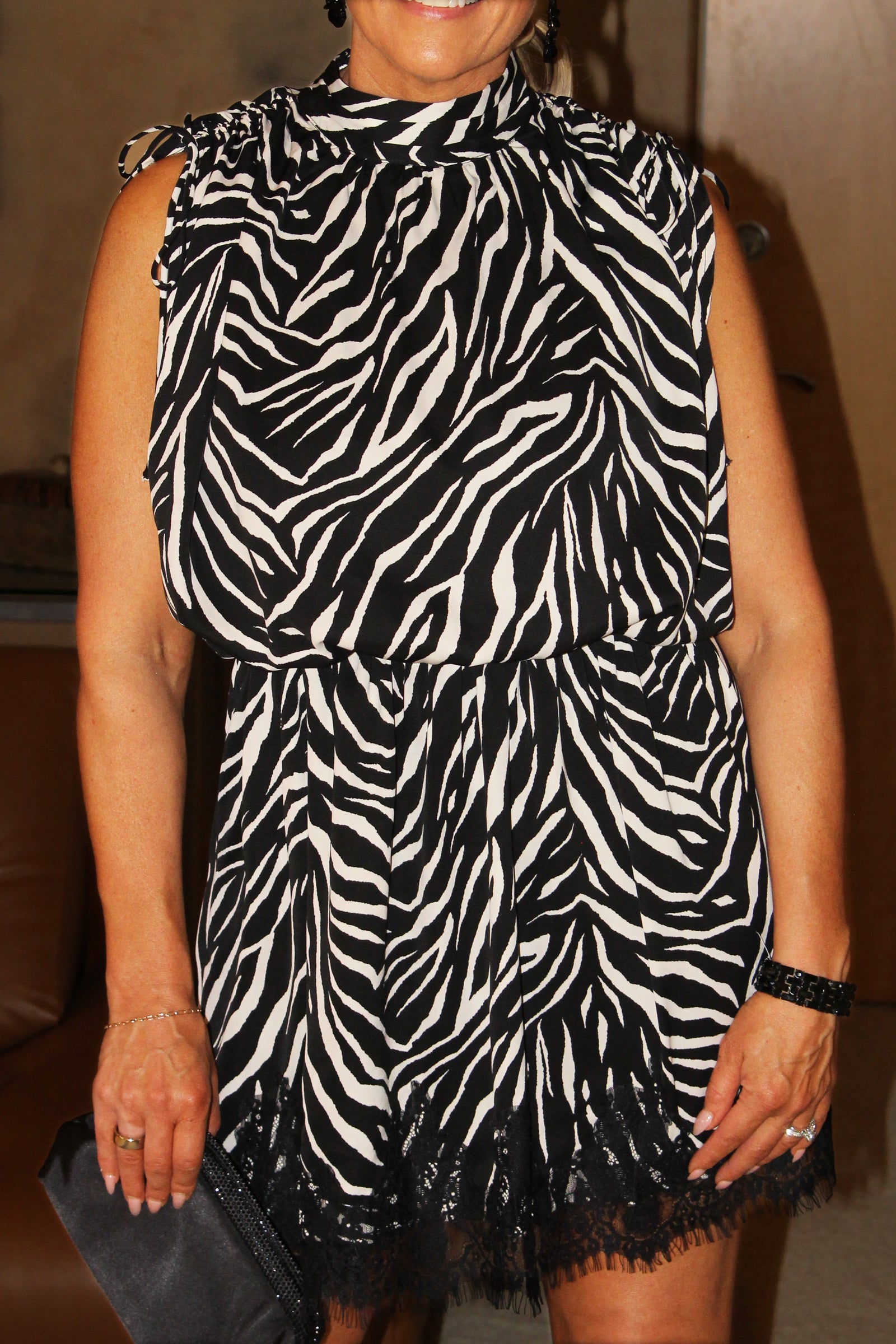 Zebra Dress w/ Drawstring Shoulders & Lace Hem
