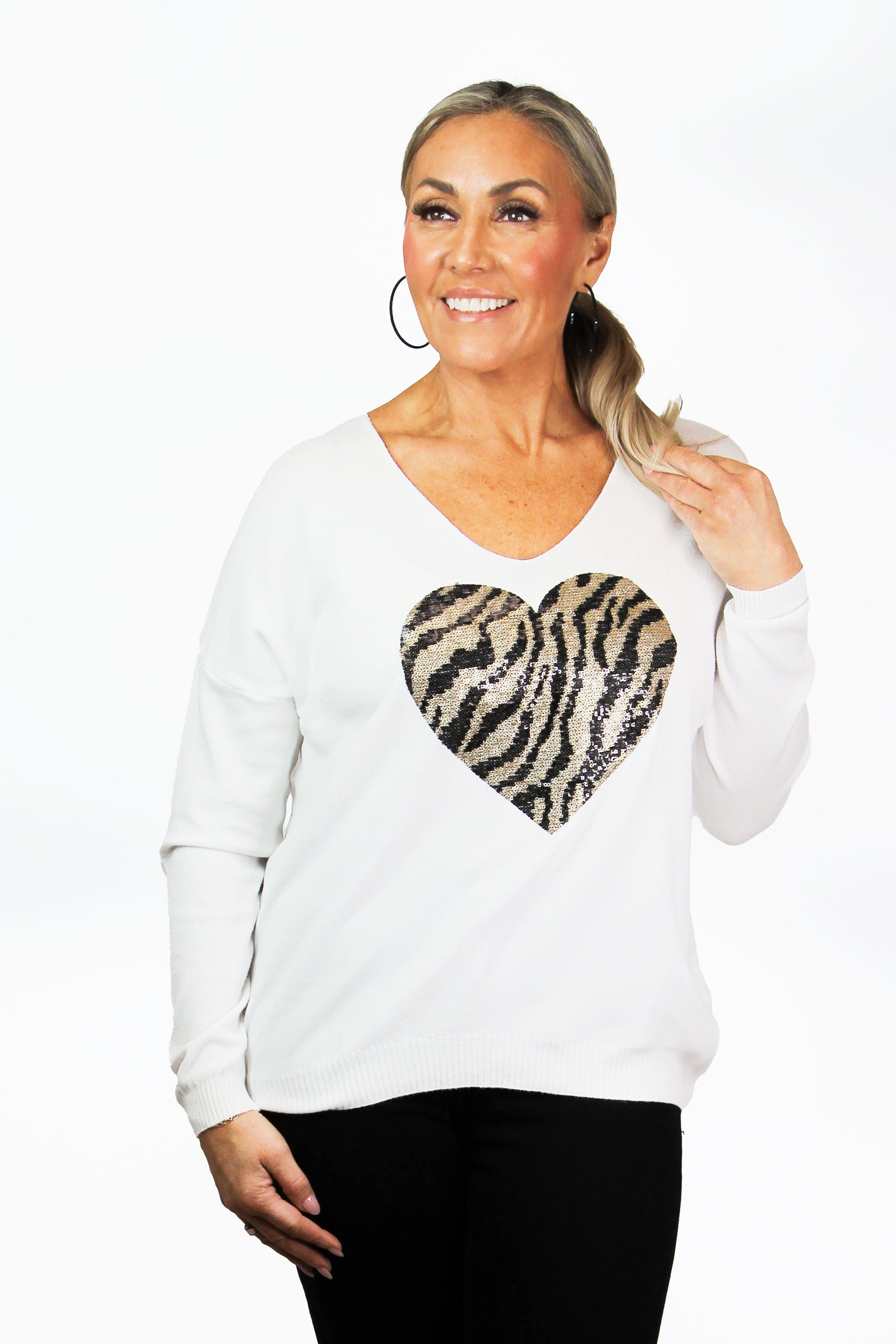 V-Neck Sweater w/ Tiger Print Sequin Heart Detail