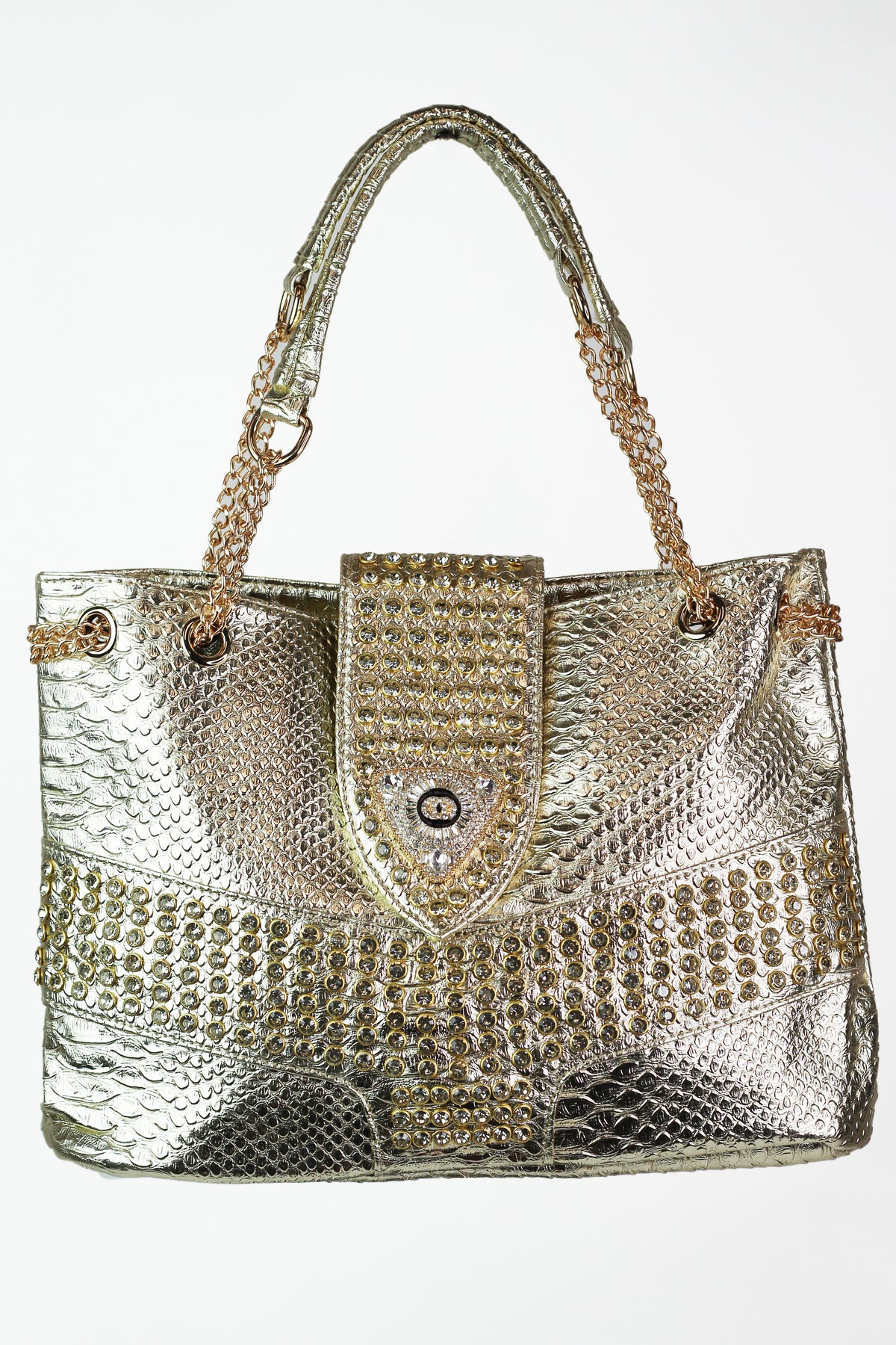 Faux Snake & Rhinestone Purse w/ Stone Accent & Chain Straps