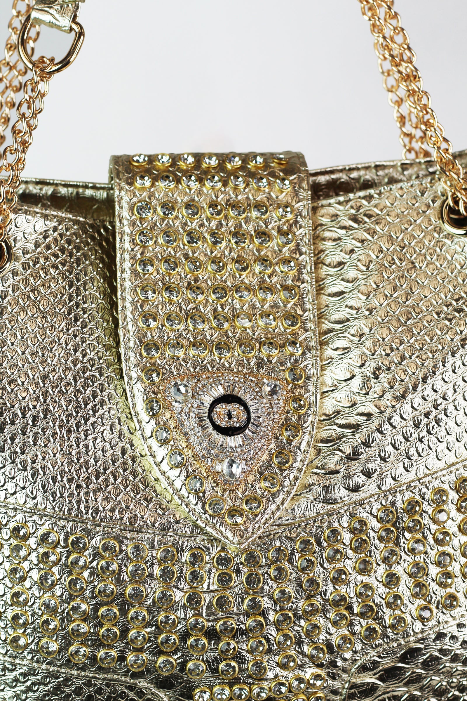 Faux Snake & Rhinestone Purse w/ Stone Accent & Chain Straps