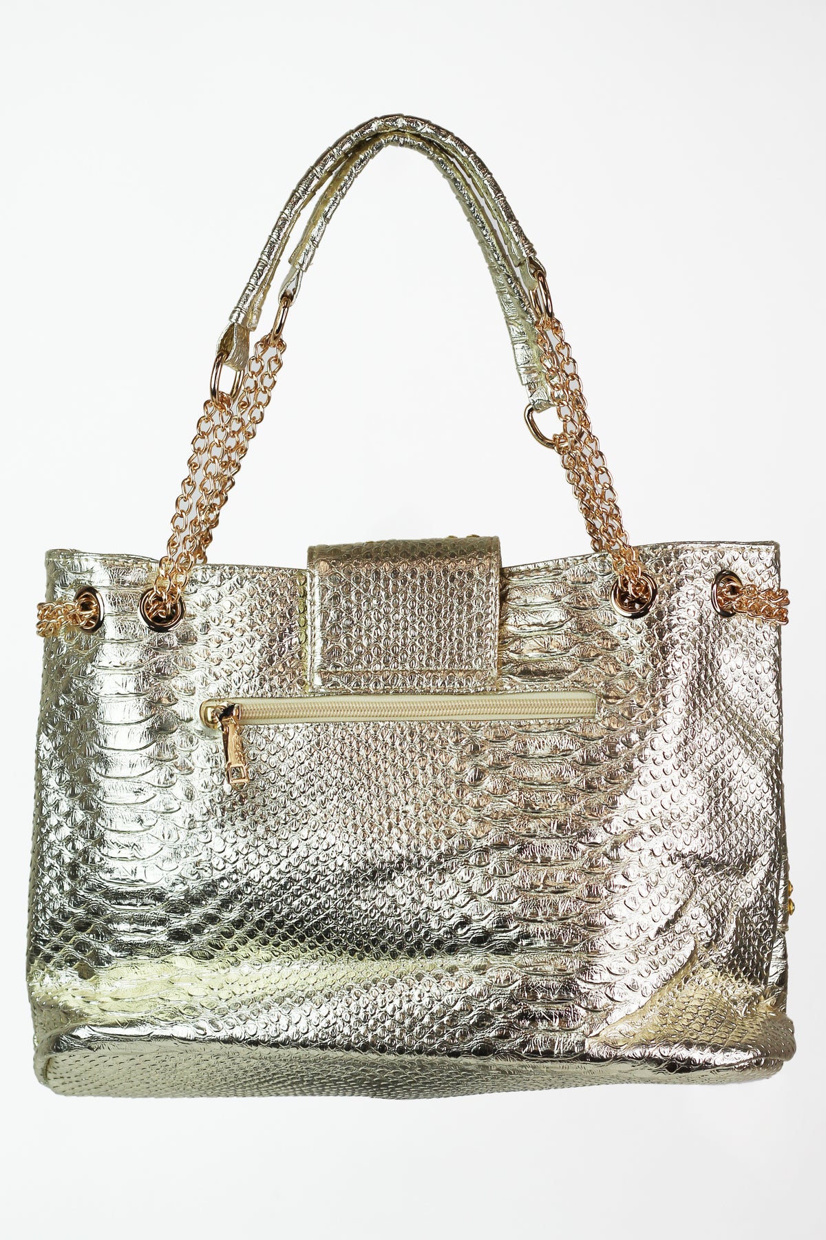 Faux Snake & Rhinestone Purse w/ Stone Accent & Chain Straps