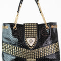 Faux Snake & Rhinestone Purse w/ Stone Accent & Chain Straps