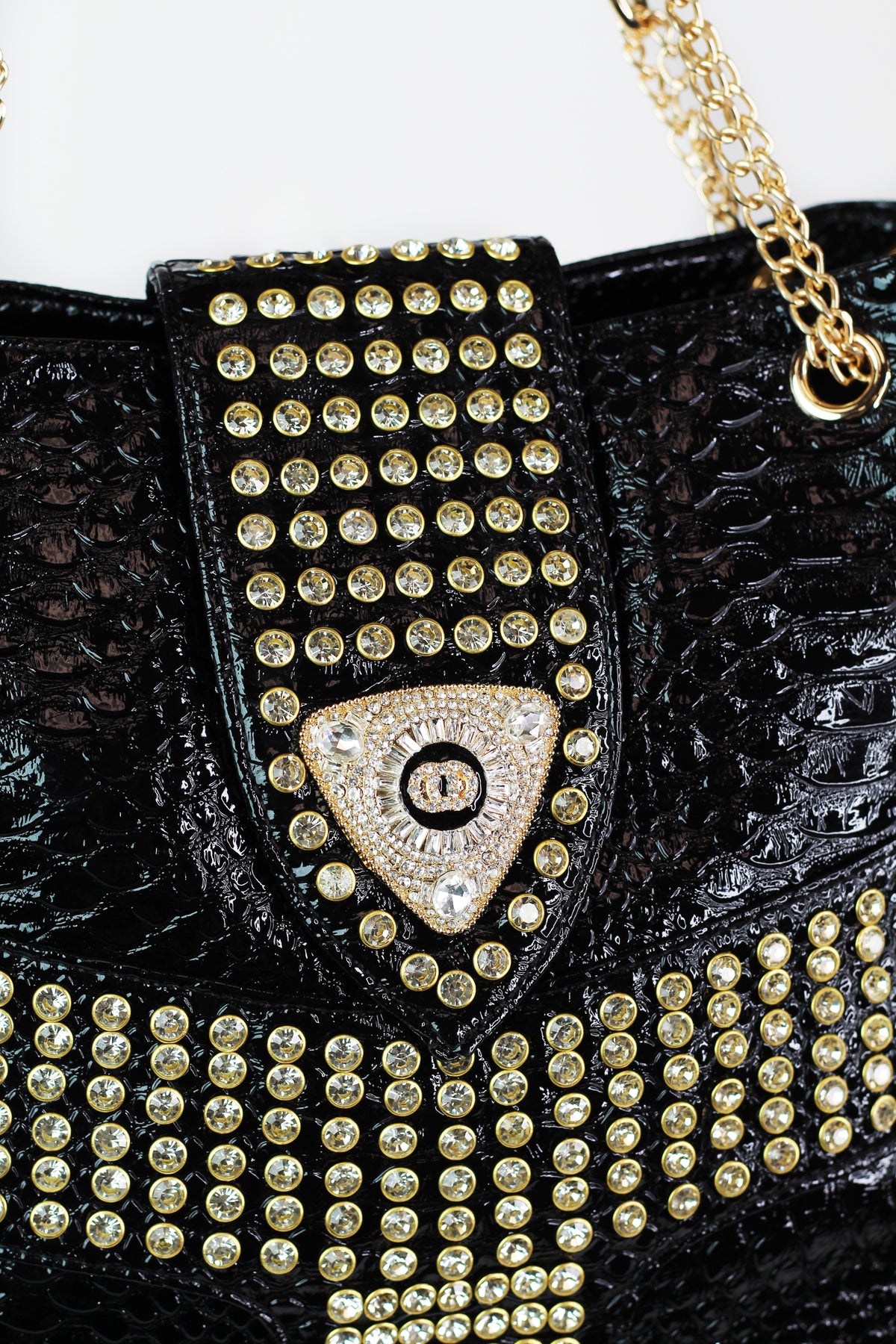 Faux Snake & Rhinestone Purse w/ Stone Accent & Chain Straps