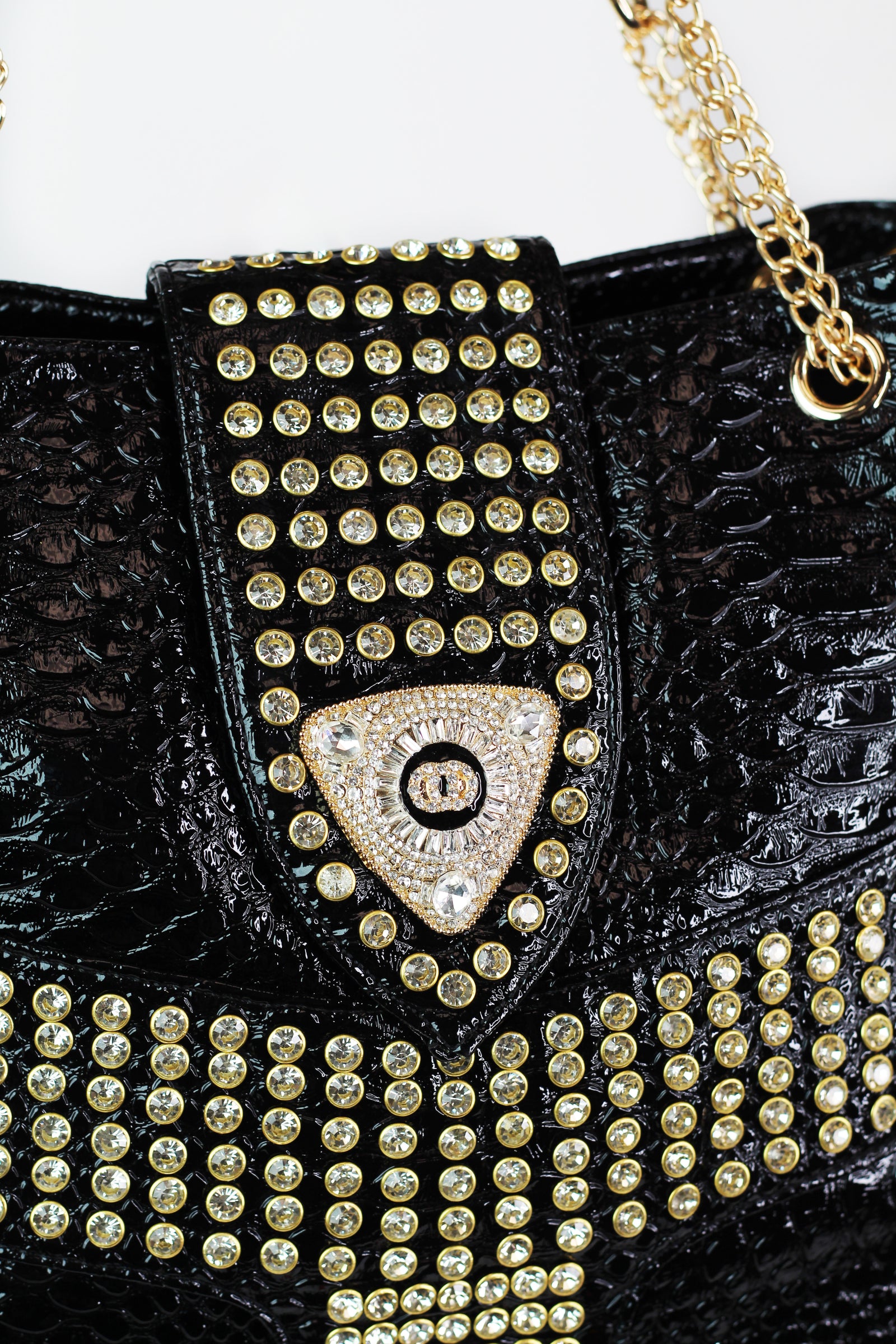 Faux Snake & Rhinestone Purse w/ Stone Accent & Chain Straps