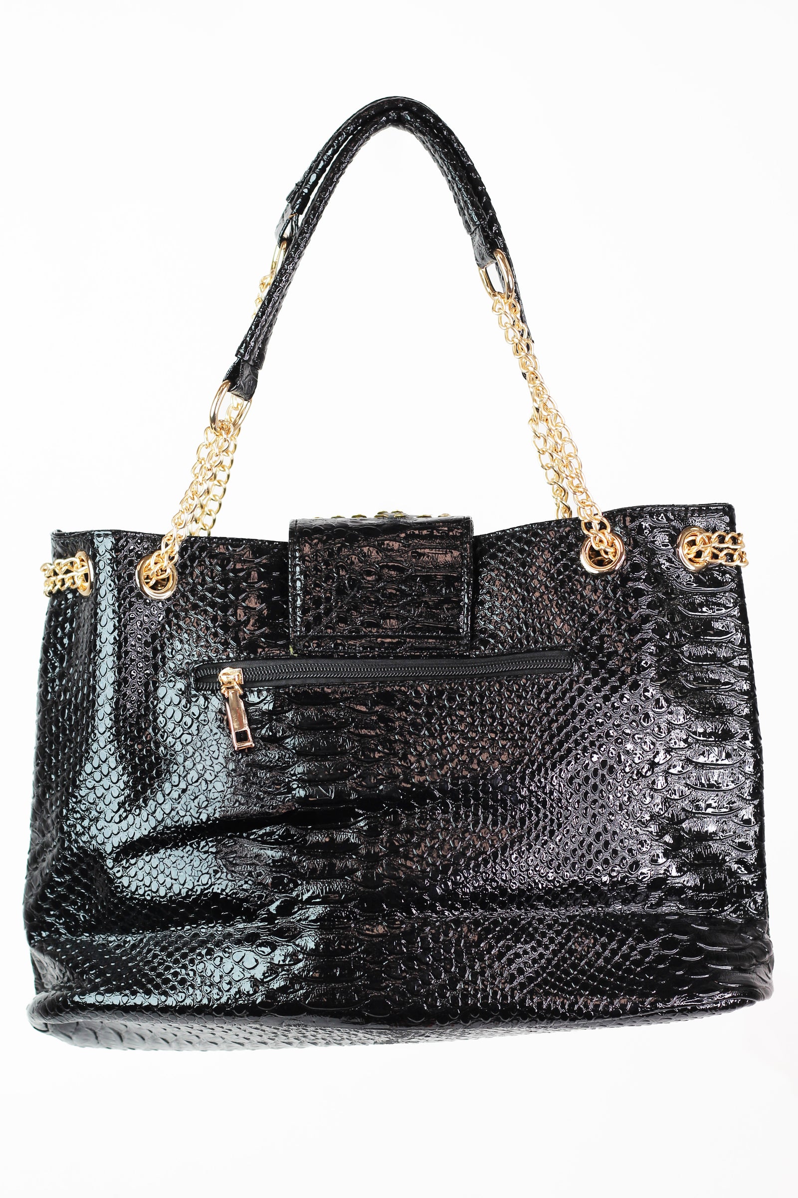 Faux Snake & Rhinestone Purse w/ Stone Accent & Chain Straps