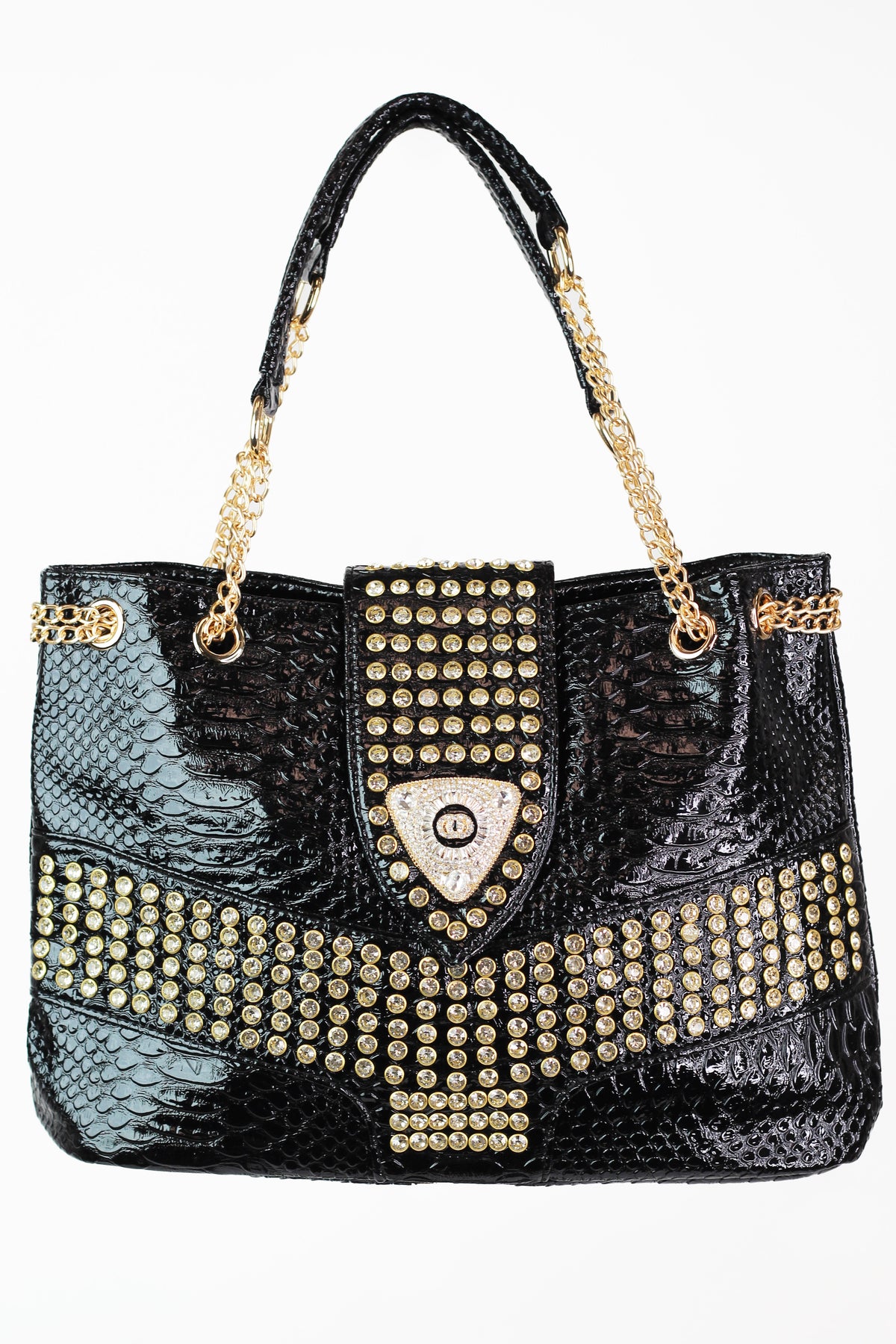 Faux Snake & Rhinestone Purse w/ Stone Accent & Chain Straps