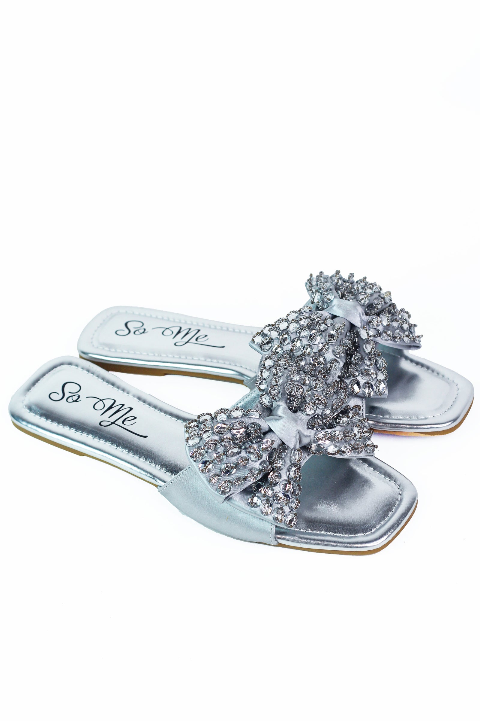 Satin & Rhinestone Bow Flat Sandals