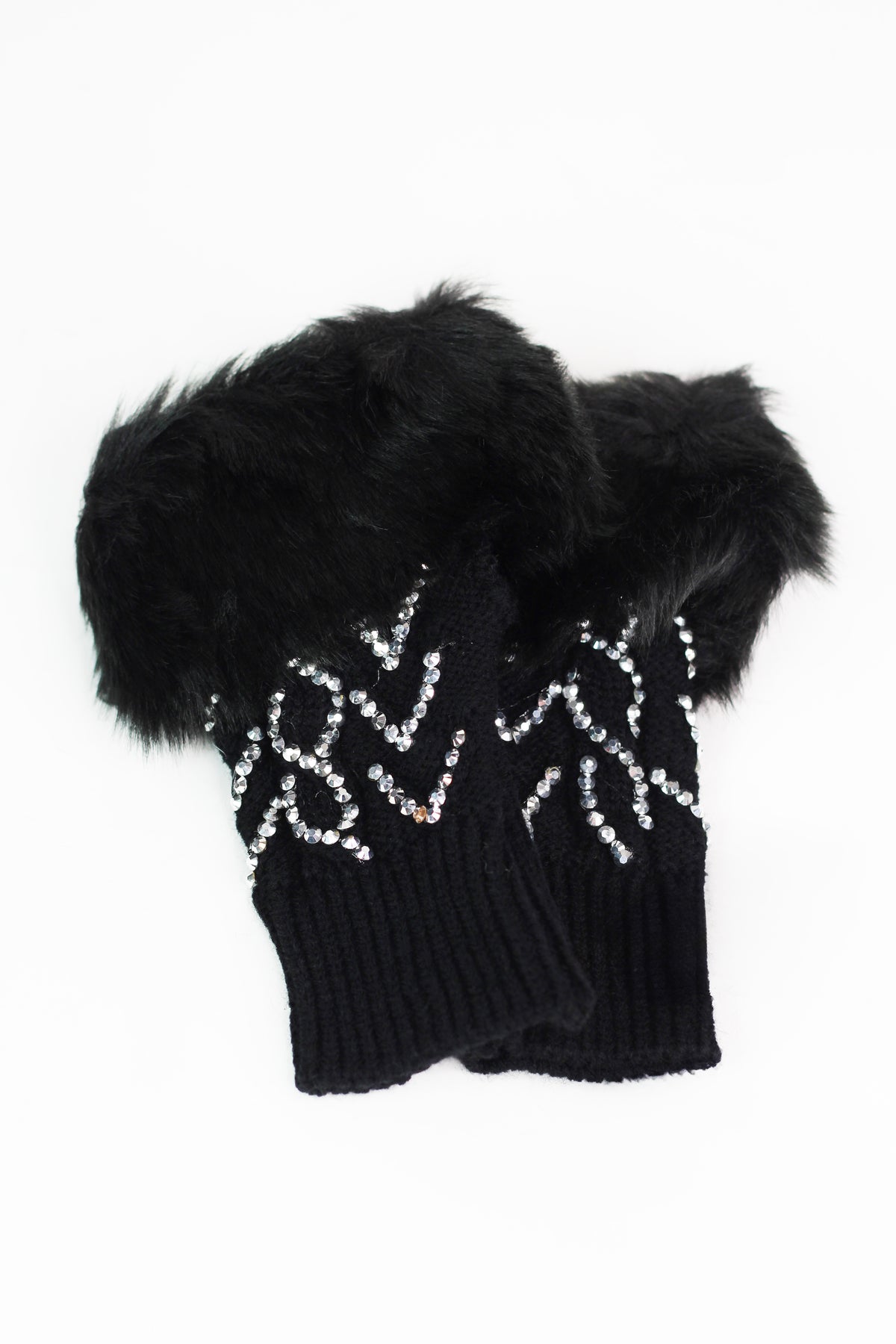 Cable Knit Fingerless Gloves w/ Rhinestone Accents &amp; Fur Trim