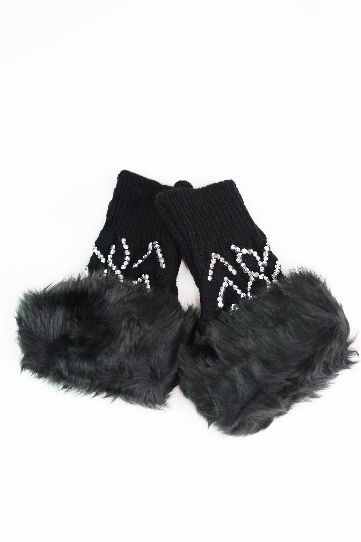Cable Knit Fingerless Gloves w/ Rhinestone Accents & Fur Trim