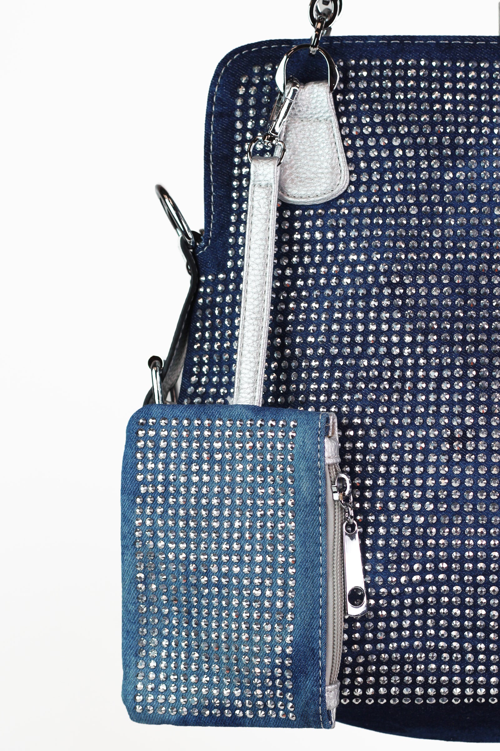 Rhinestone Front Double Handle Purse w/ Matching Wristlet Pouch