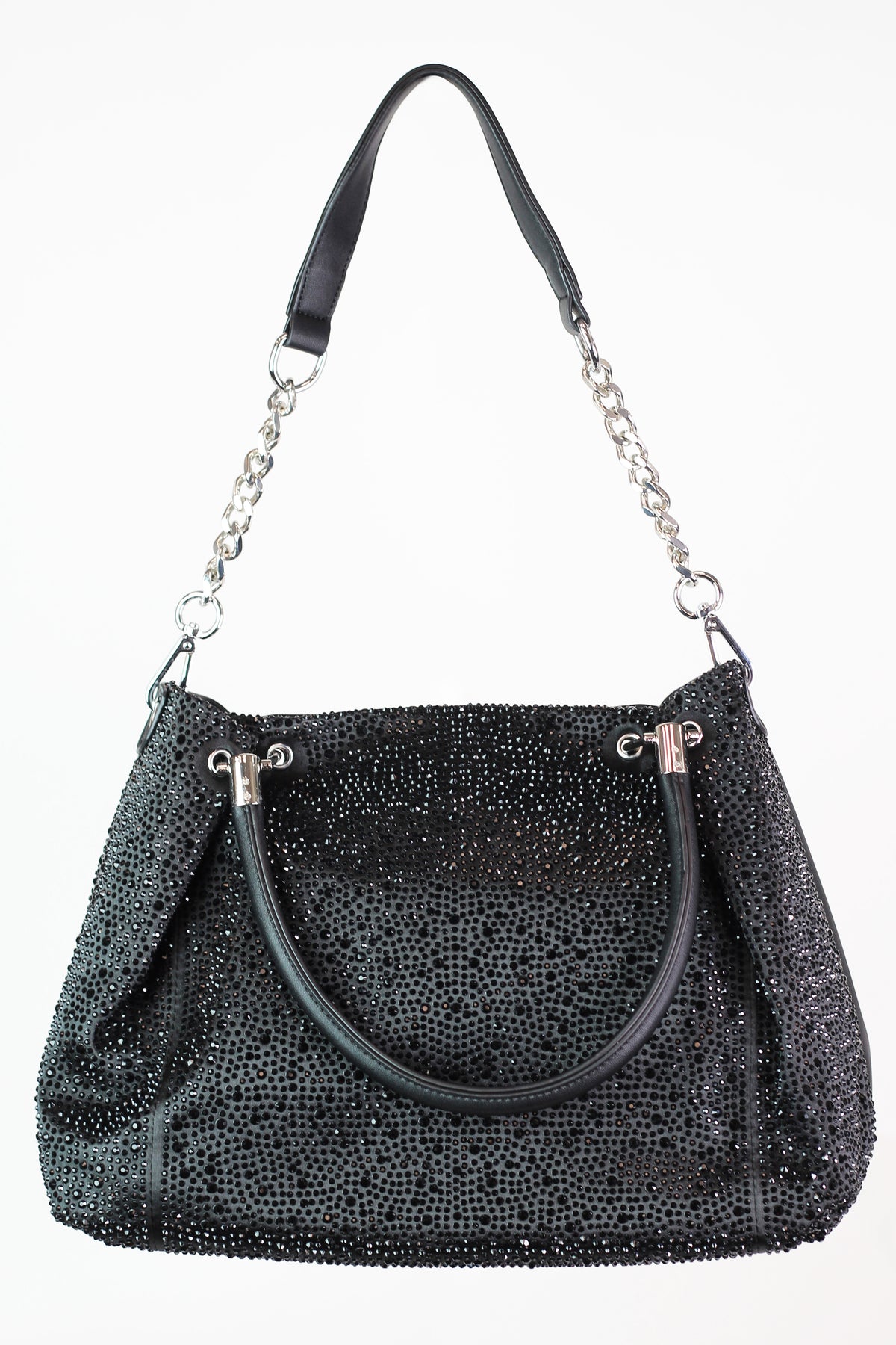 All Rhinestone Front Handbag w/ Handle Pleats &amp; Chain Strap