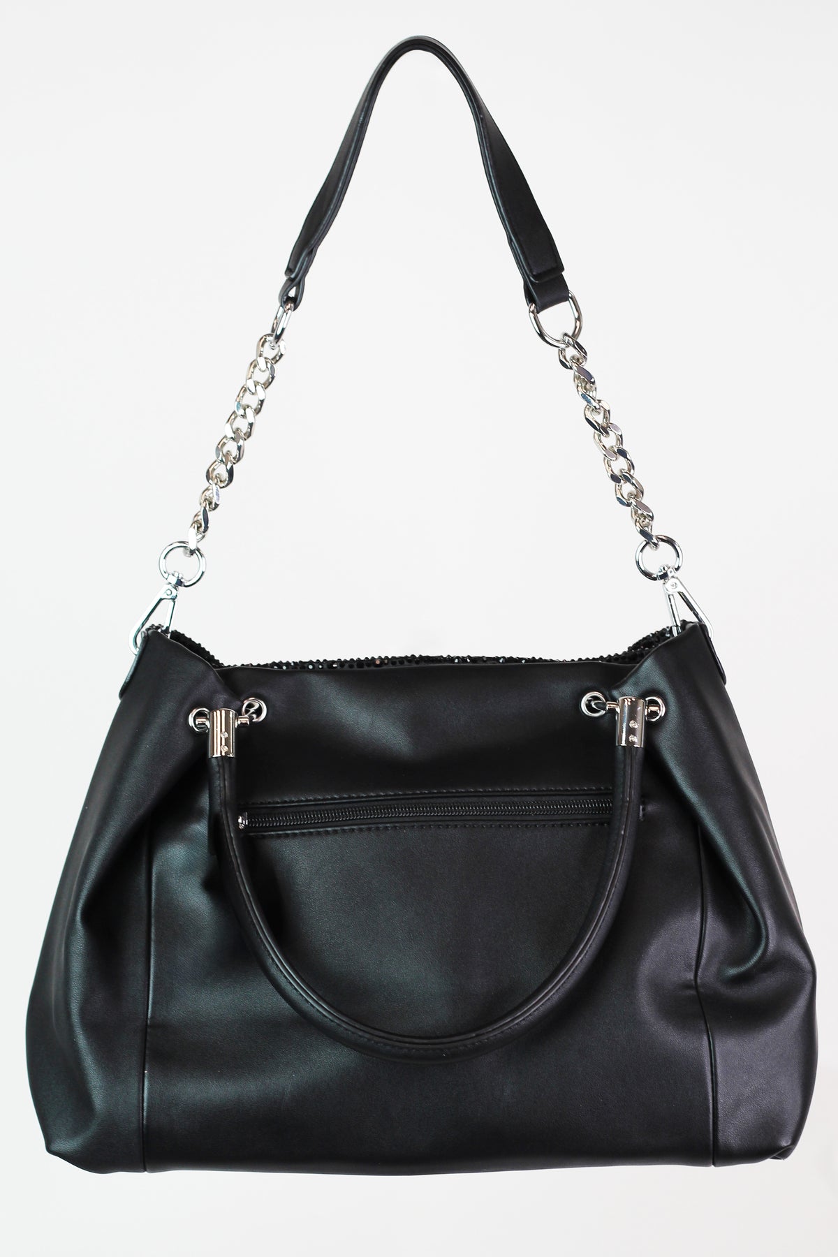 All Rhinestone Front Handbag w/ Handle Pleats & Chain Strap