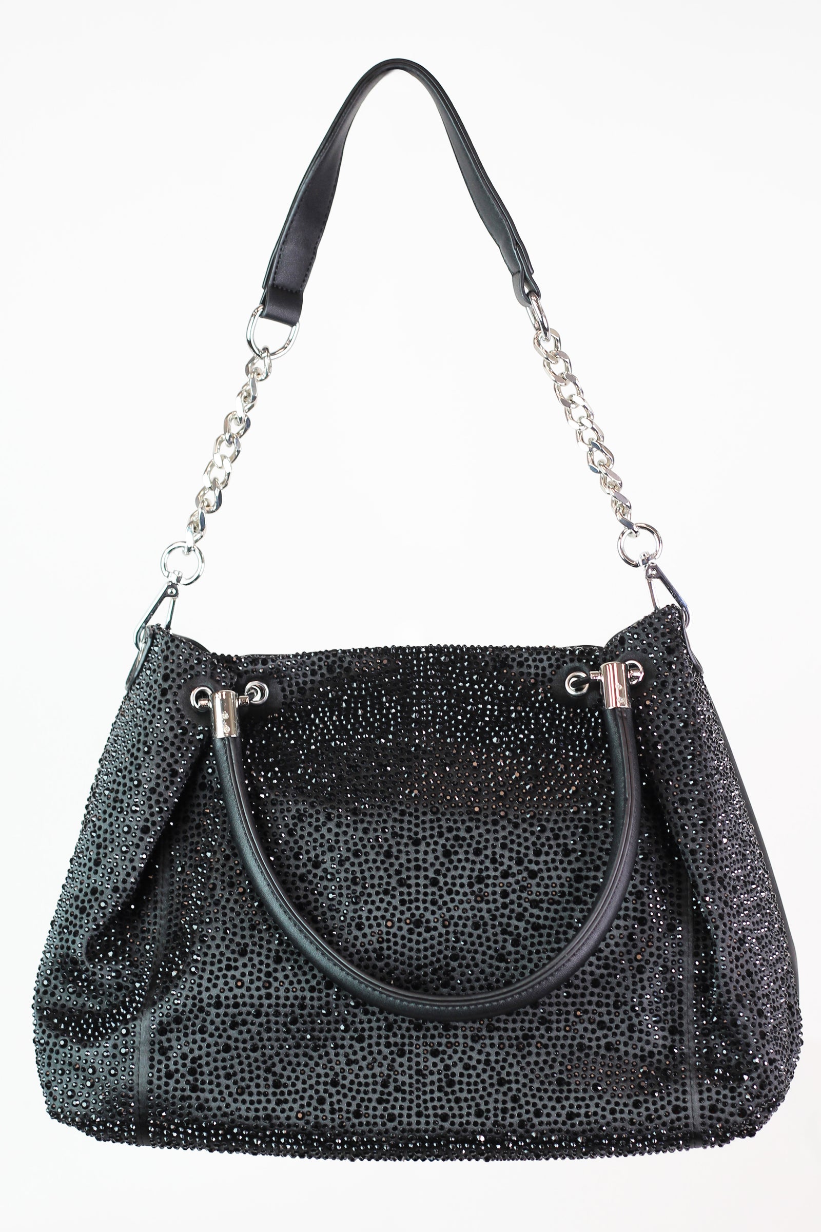 All Rhinestone Front Handbag w/ Handle Pleats & Chain Strap