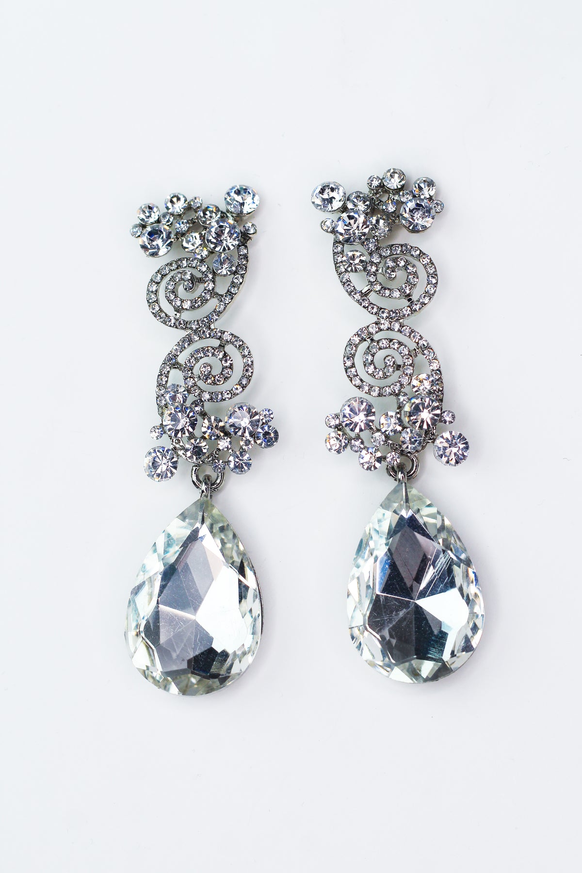 Double Swirl Top Teardrop Bottom Rhinestone Earrings