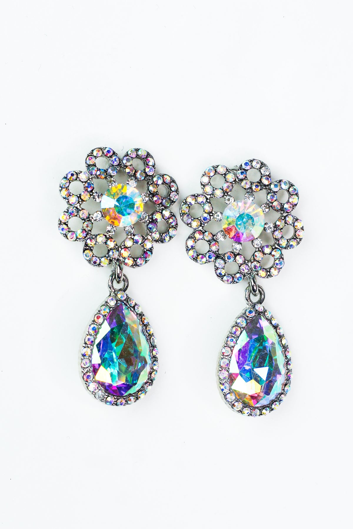 Open Pave Flower &amp; Dangling Teardrop Earrings