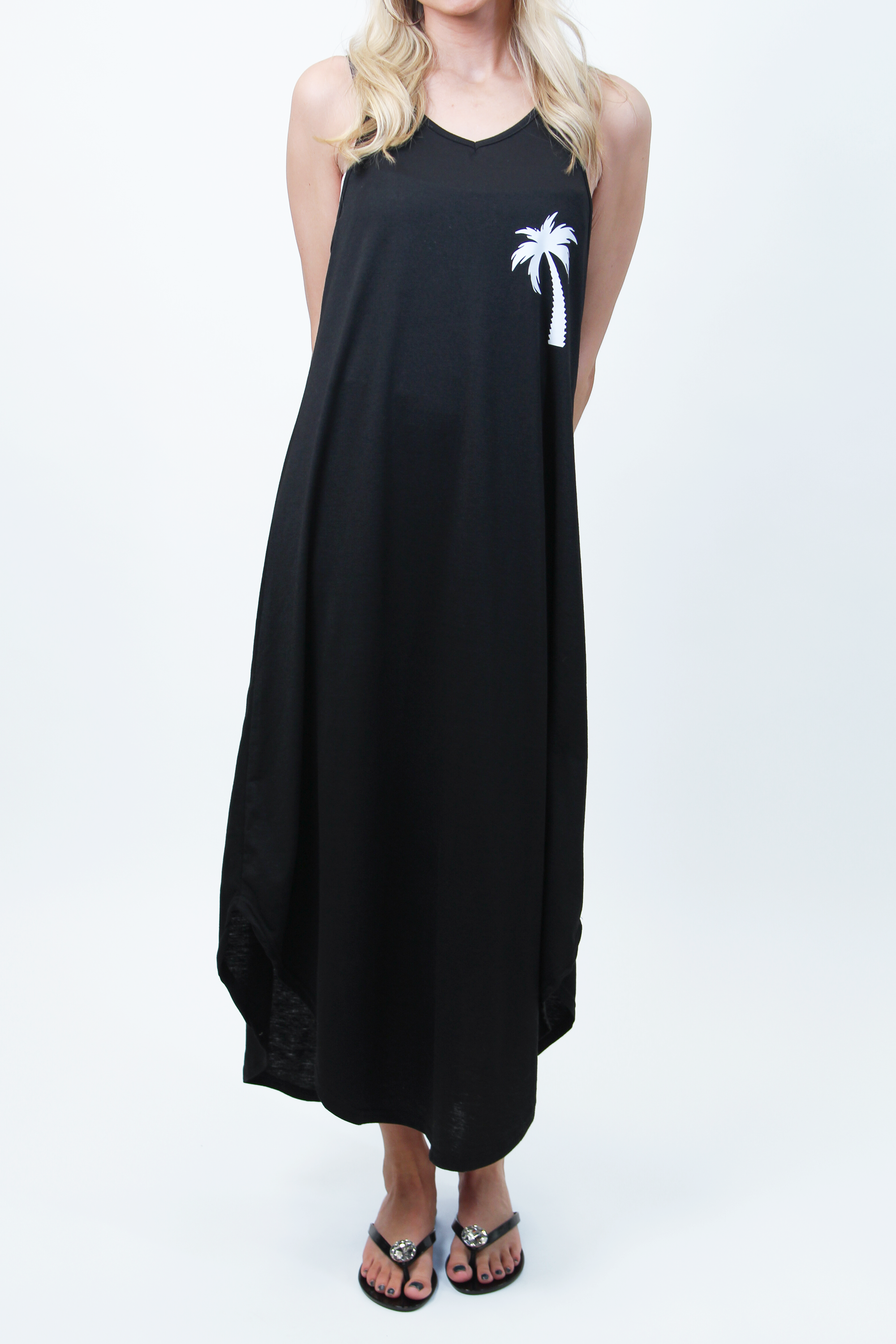 Sleeveless Strappy V-Neck Knit Dress w/ Palm Tree Logo