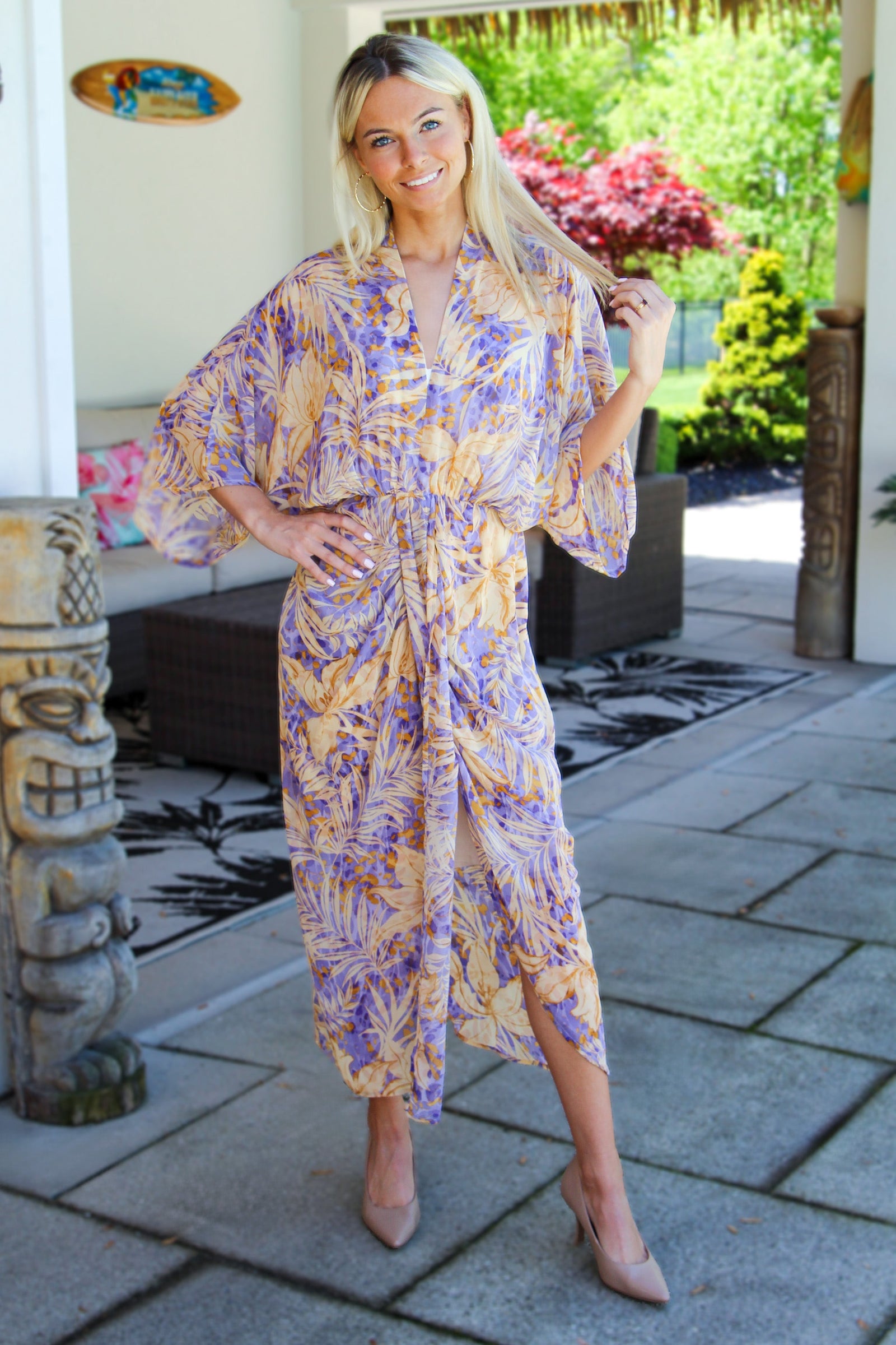 Tropical Print Dress w/ Loose Sleeves and Ruched Slit Front (SALE)