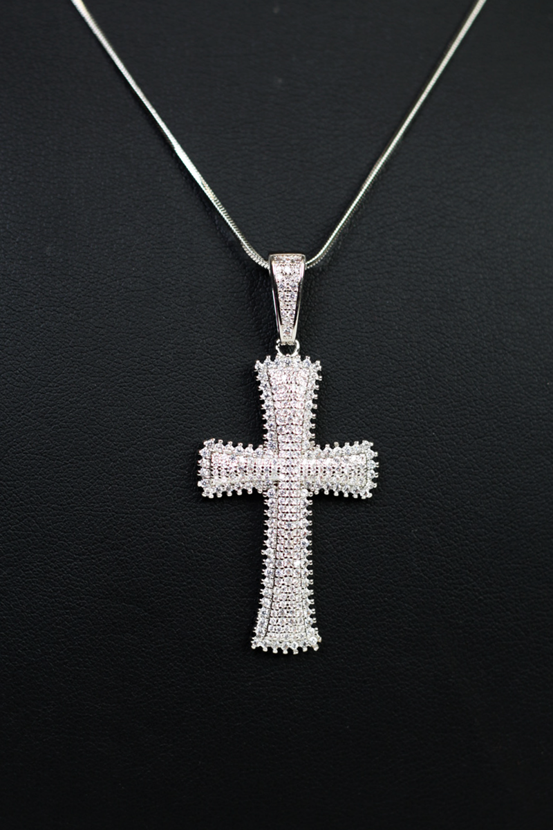 All Pave Rhinestone w/ Raised Center Cross Necklace