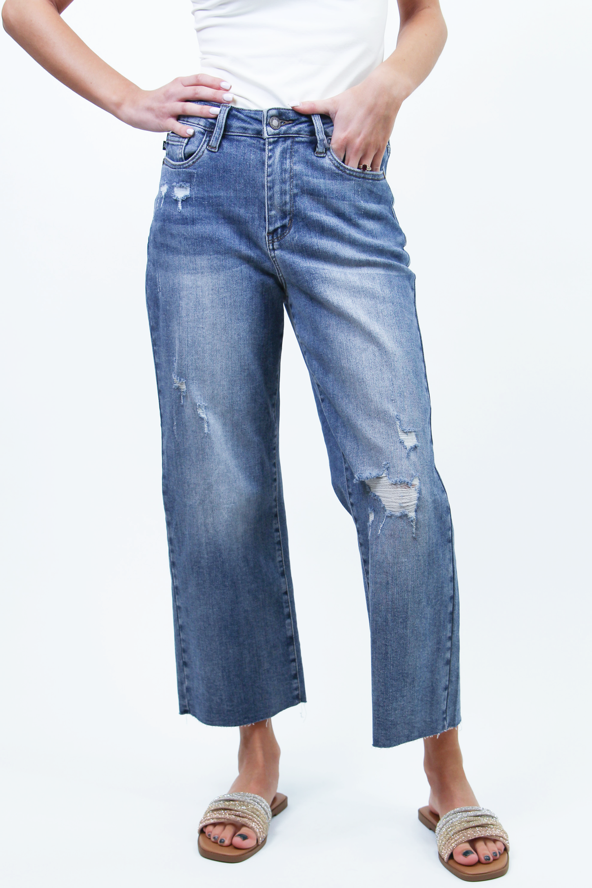 High Waist Distressed Cropped Jeans w/ Raw Hem