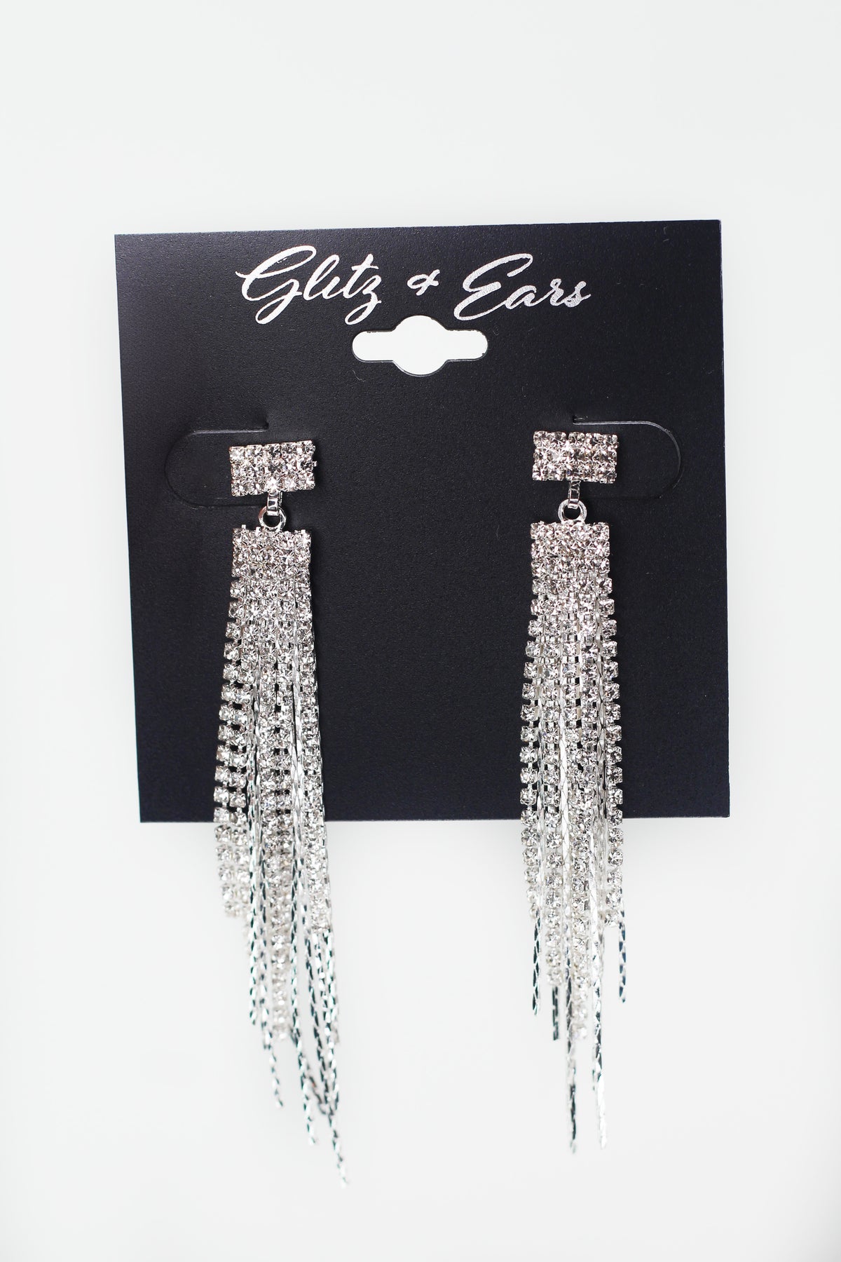 Square Top Thin Metal &amp; Rhinestone Long Dangle Earring
