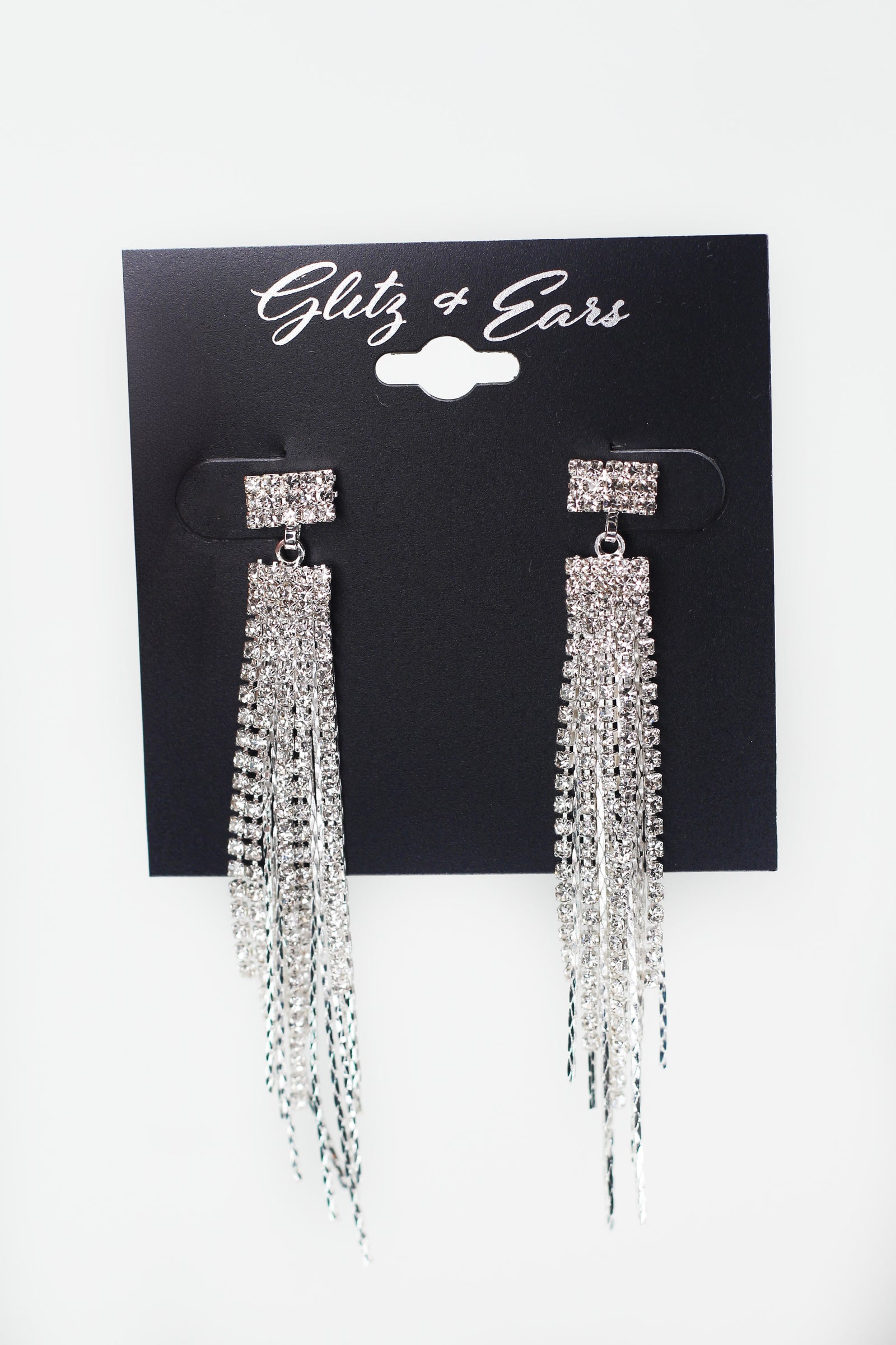 Square Top Thin Metal & Rhinestone Long Dangle Earring