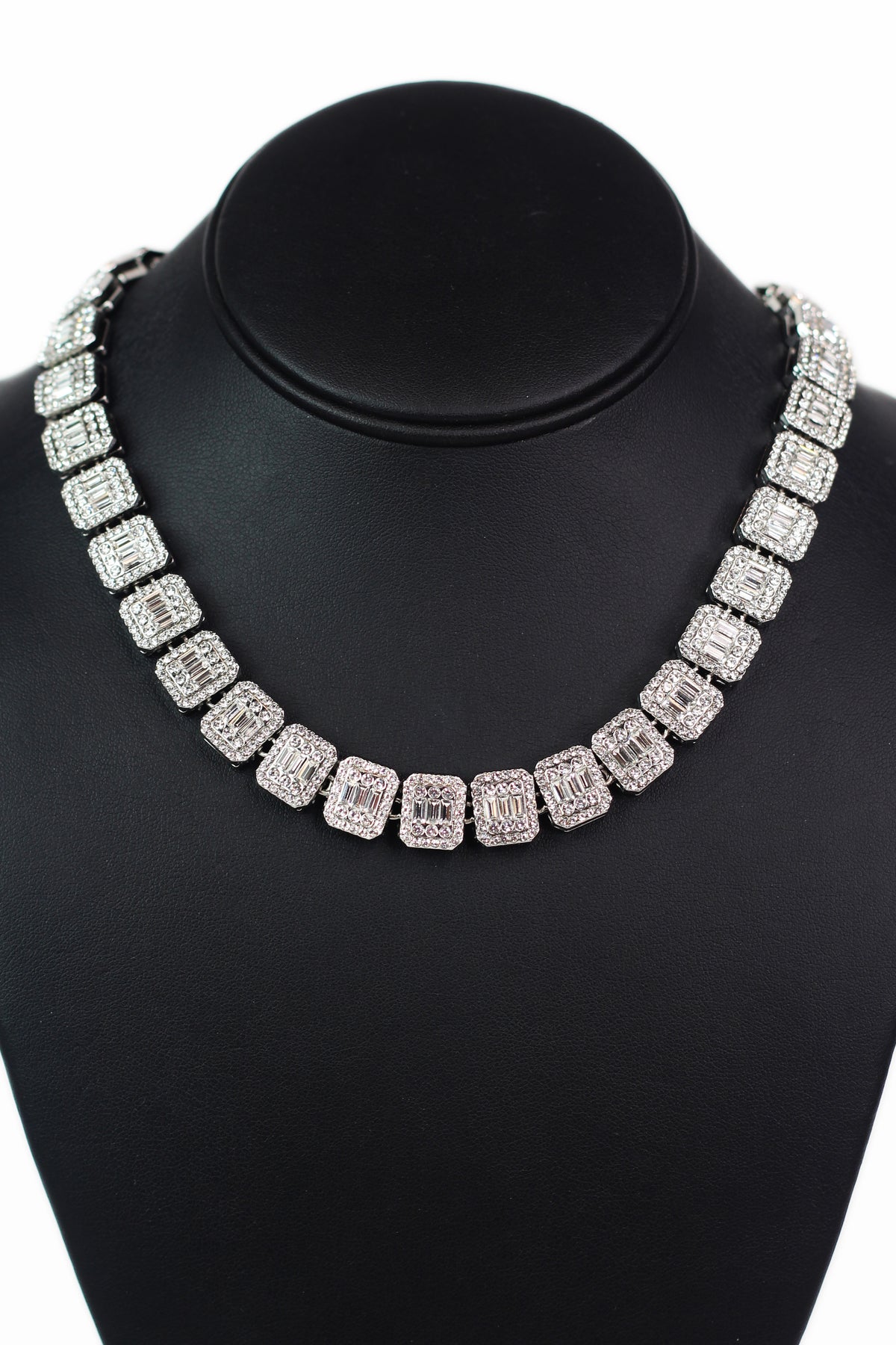 All Rhinestone 3 Baguette Square Chain Necklace