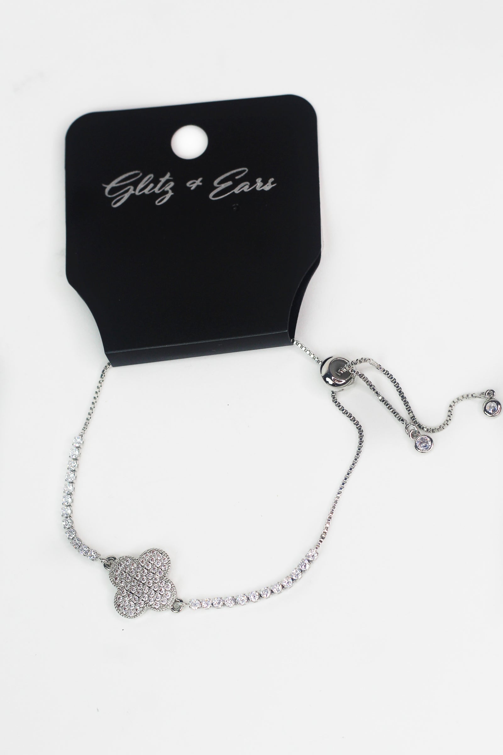 Rhinestone Strand & Flat Pave Clover Adjustable Bracelet