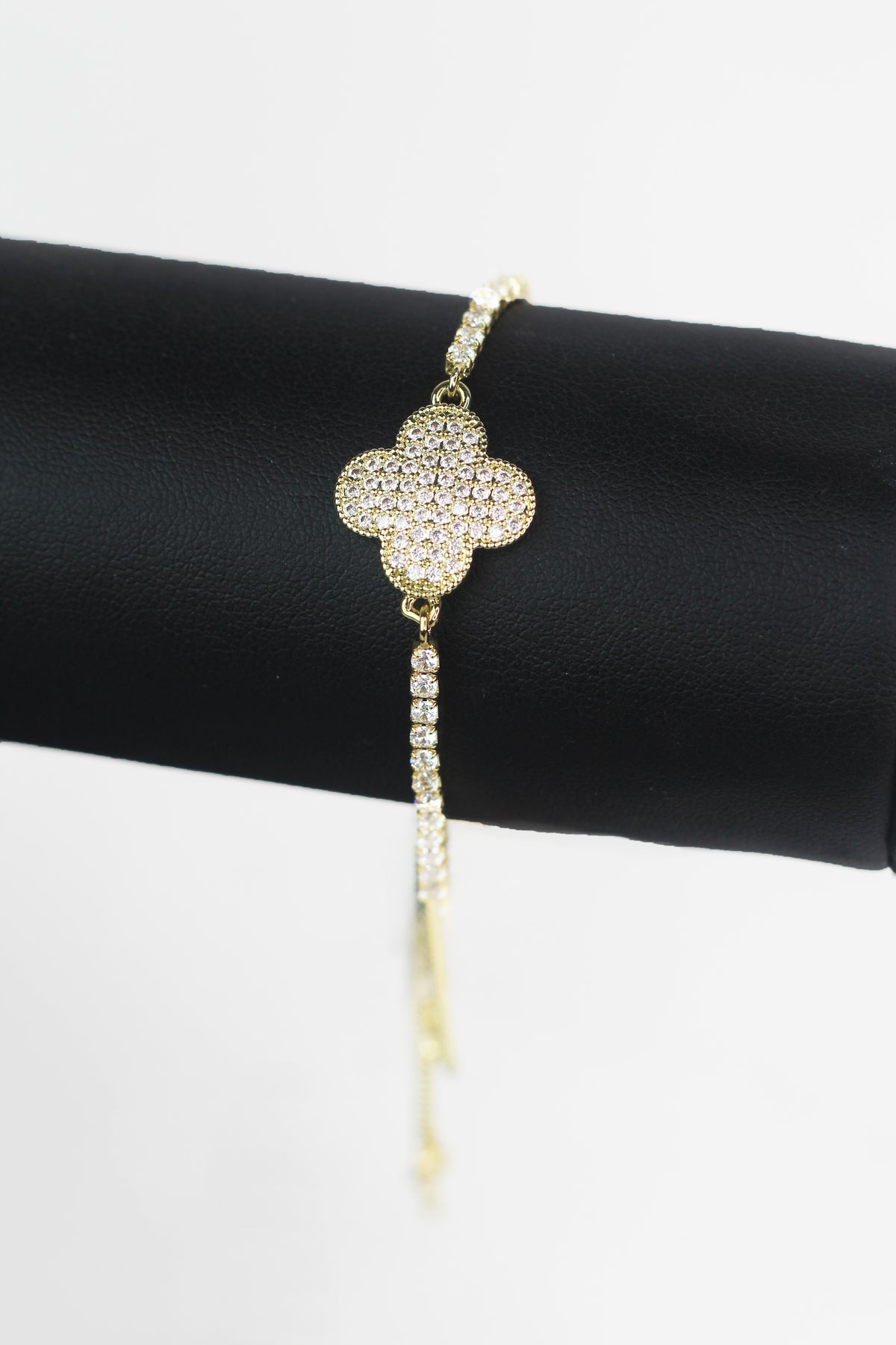 Rhinestone Strand & Flat Pave Clover Adjustable Bracelet