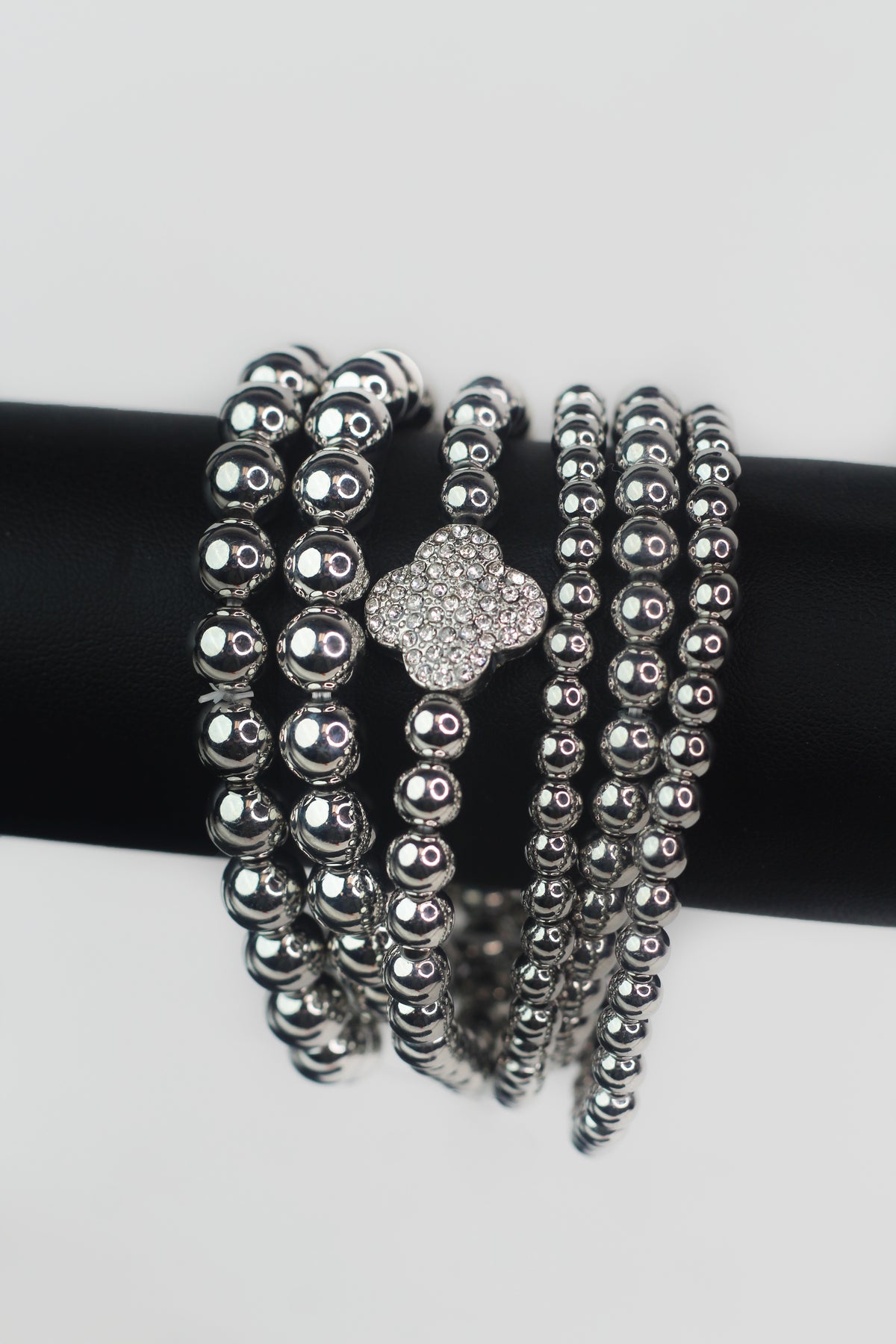 Multiple Metal Ball Strand Rhinestone Clover Bracelet Set