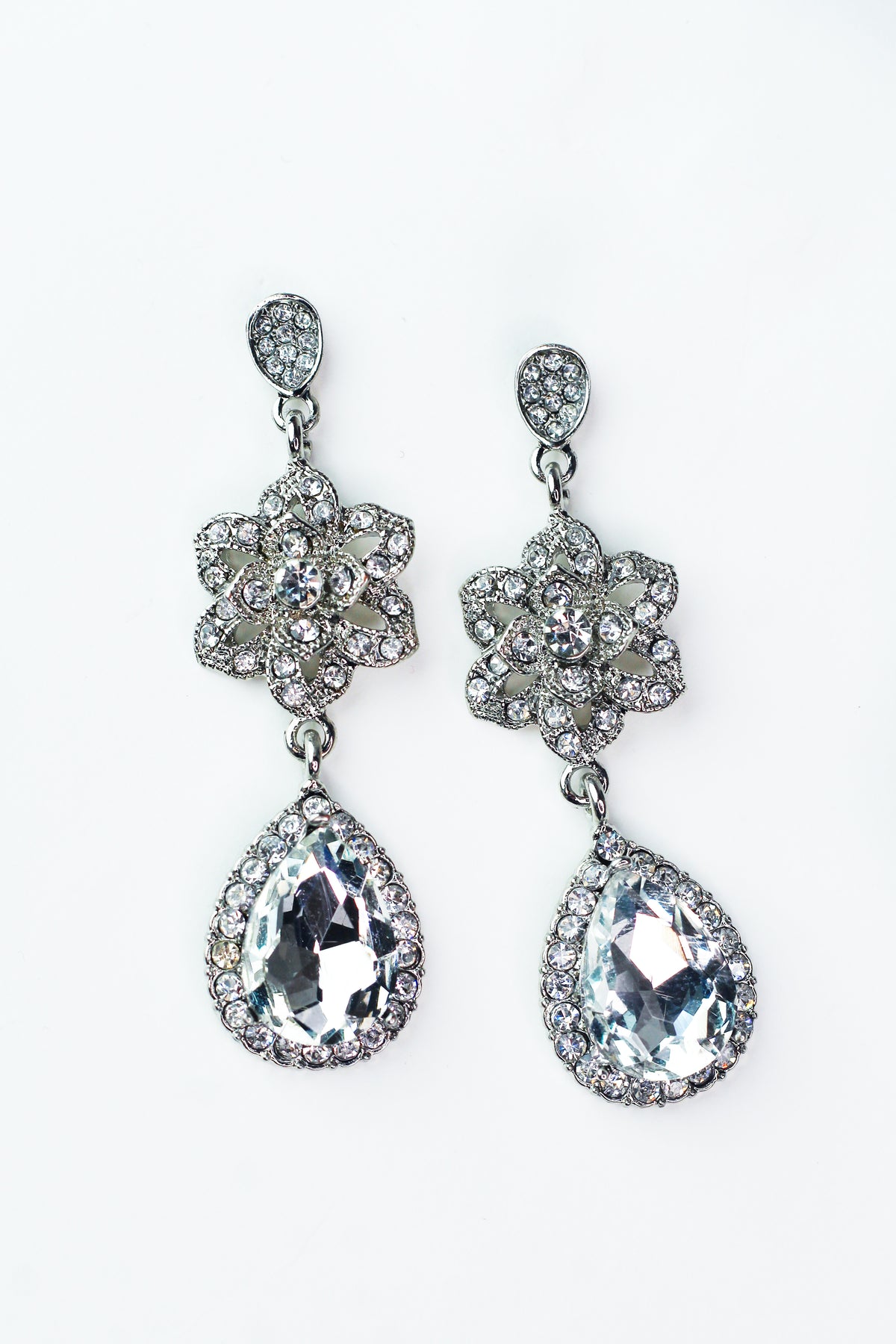 Pave Flower &amp; Dangling Teardrop Earrings