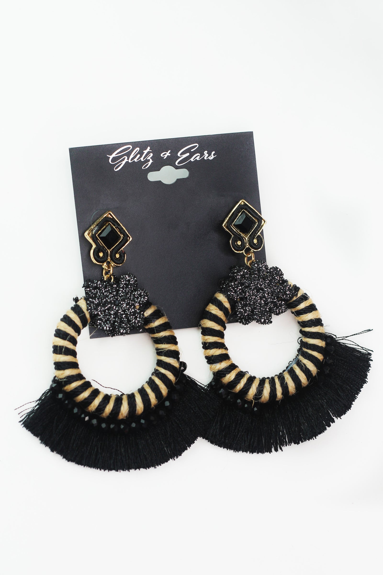 Dangling Wrapped Circle w/ Flower & Fringe Earrings