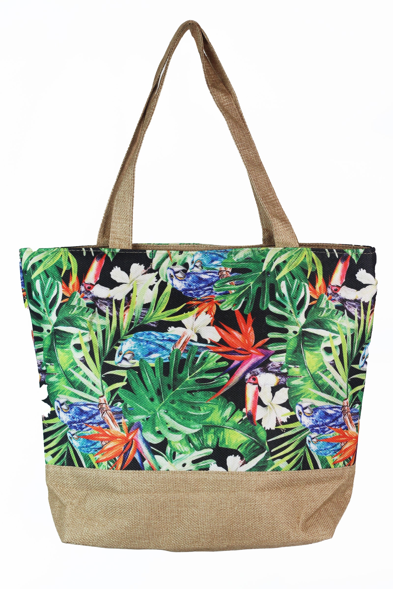 Tropical Print Woven Color Block Tote Bag