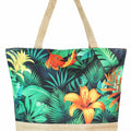 Tropical Print Woven Color Block Tote Bag