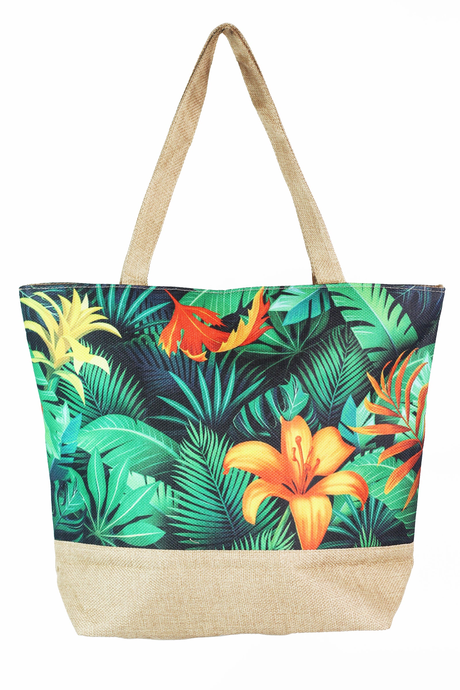 Tropical Print Woven Color Block Tote Bag