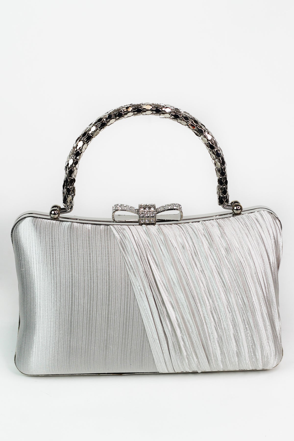 Satin Clutch w/ Pleated Overlay &amp; Rhinestone Bowtie Closure