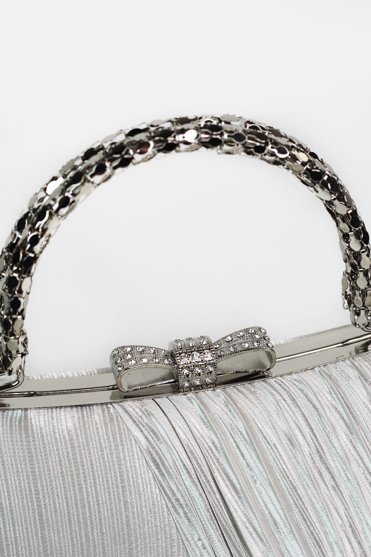 Satin Clutch w/ Pleated Overlay & Rhinestone Bowtie Closure