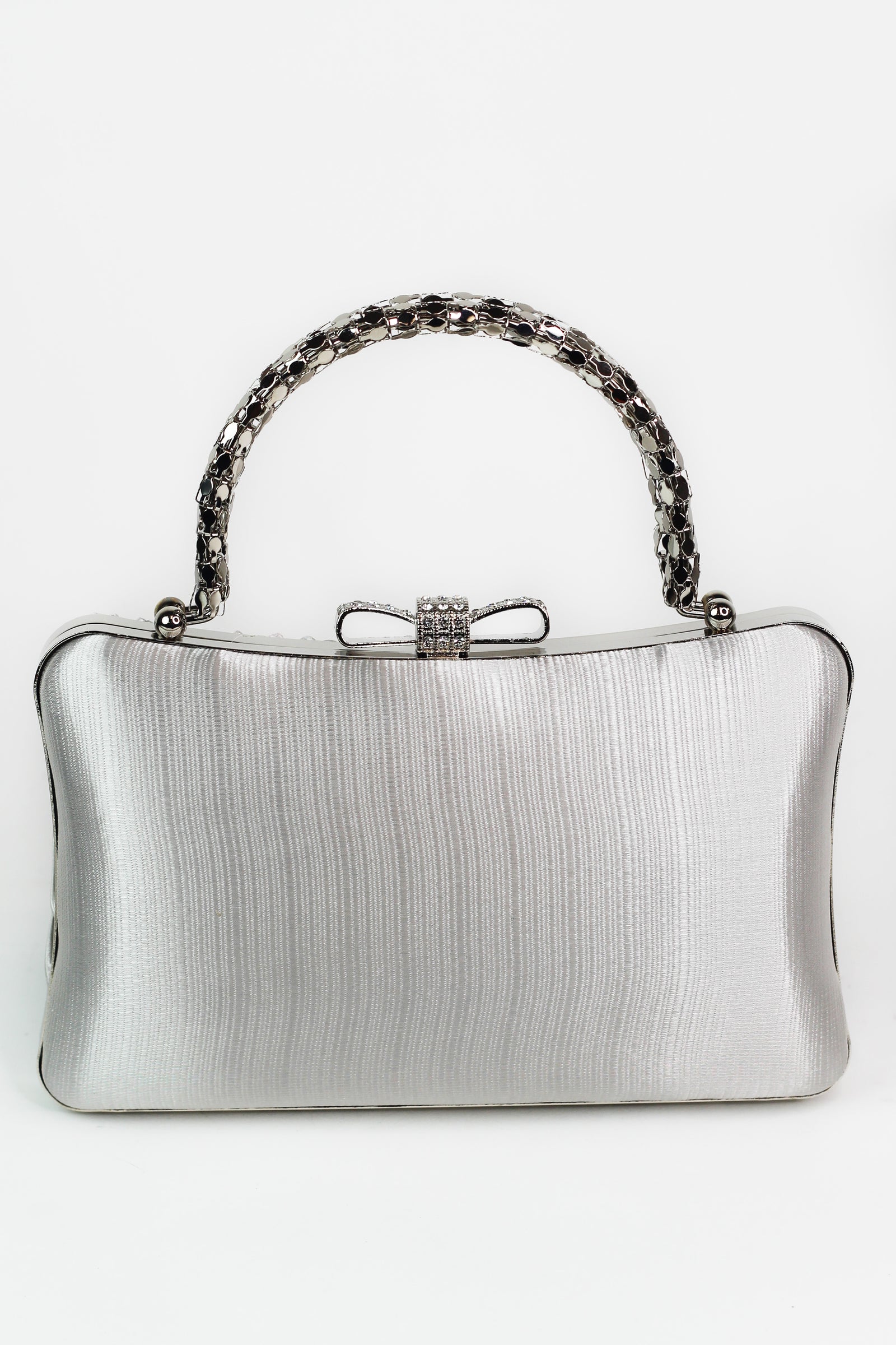 Satin Clutch w/ Pleated Overlay & Rhinestone Bowtie Closure