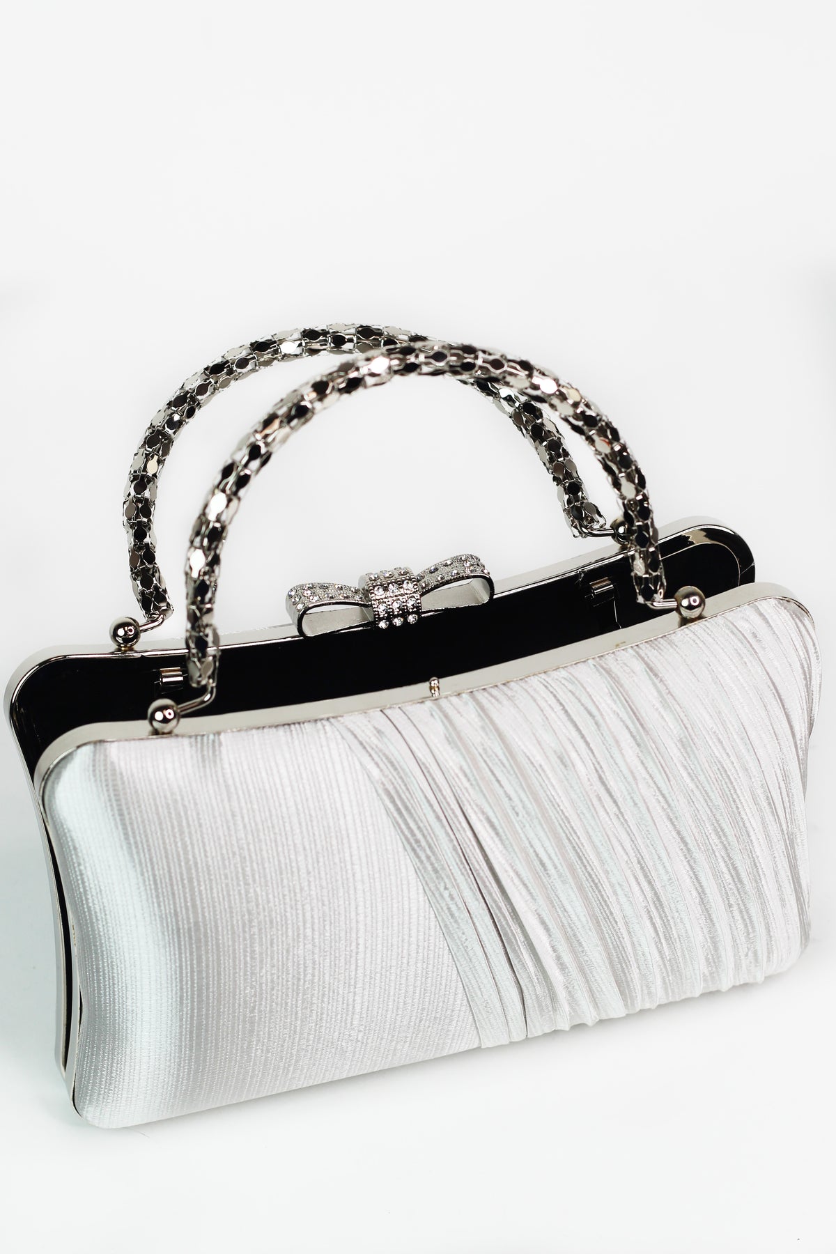Satin Clutch w/ Pleated Overlay & Rhinestone Bowtie Closure
