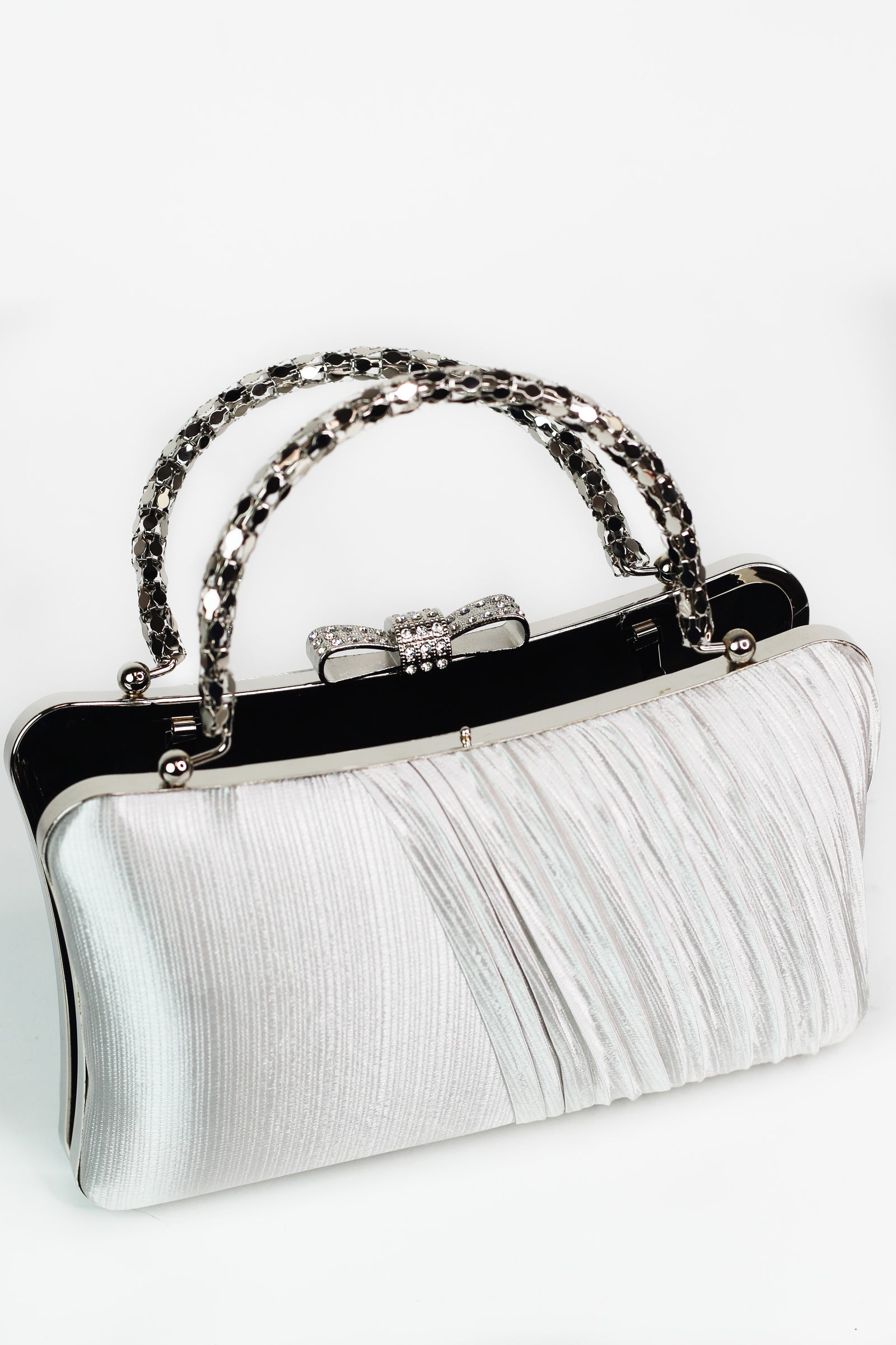 Satin Clutch w/ Pleated Overlay & Rhinestone Bowtie Closure