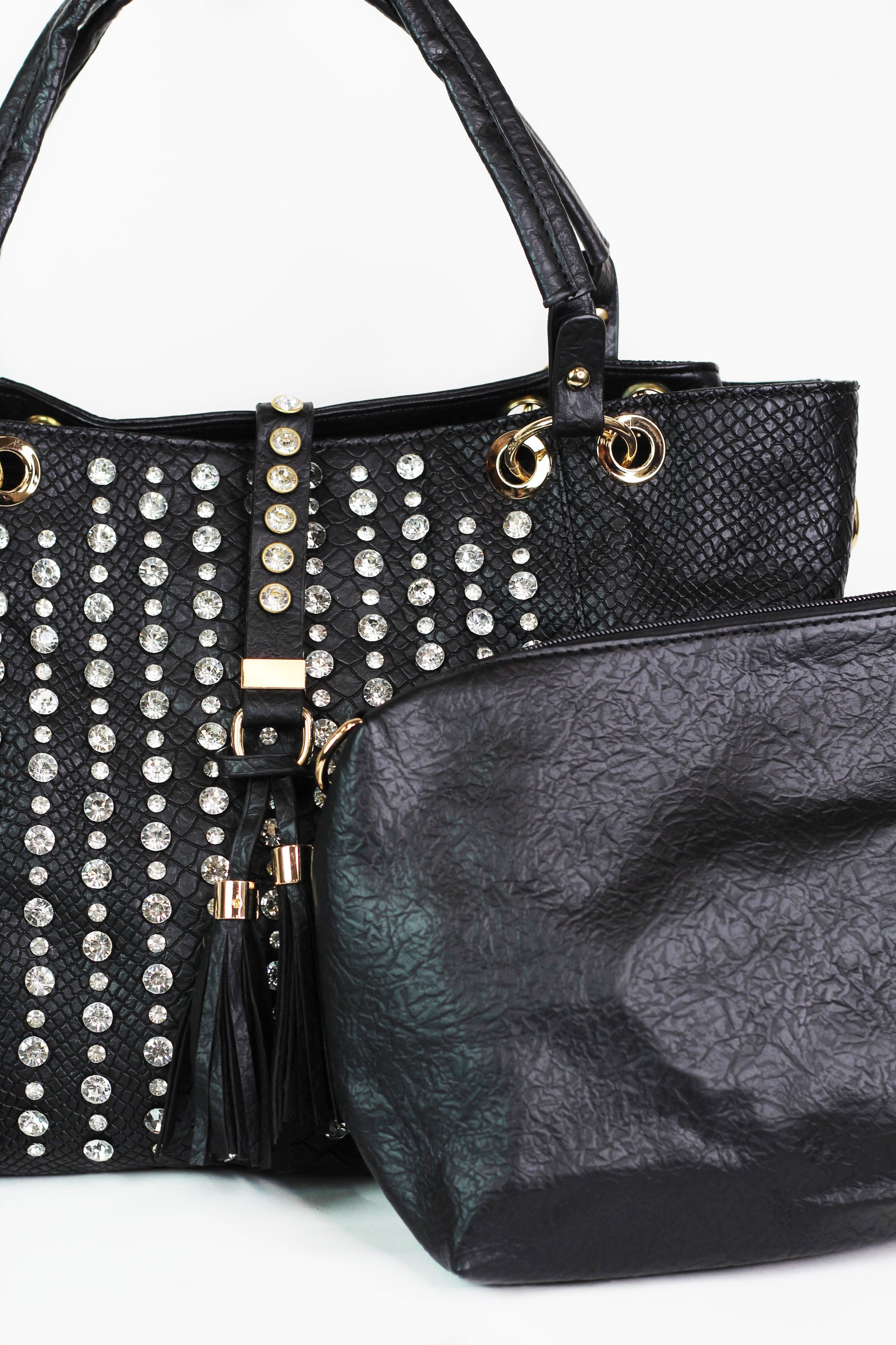 Snakeskin Embossed Purse w/ Rhinestone Center & Tassel Strap and Pouch